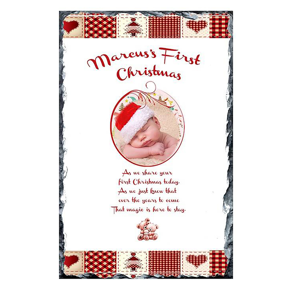 Babys First Christmas Slate - Teddy & Gingham with Photo