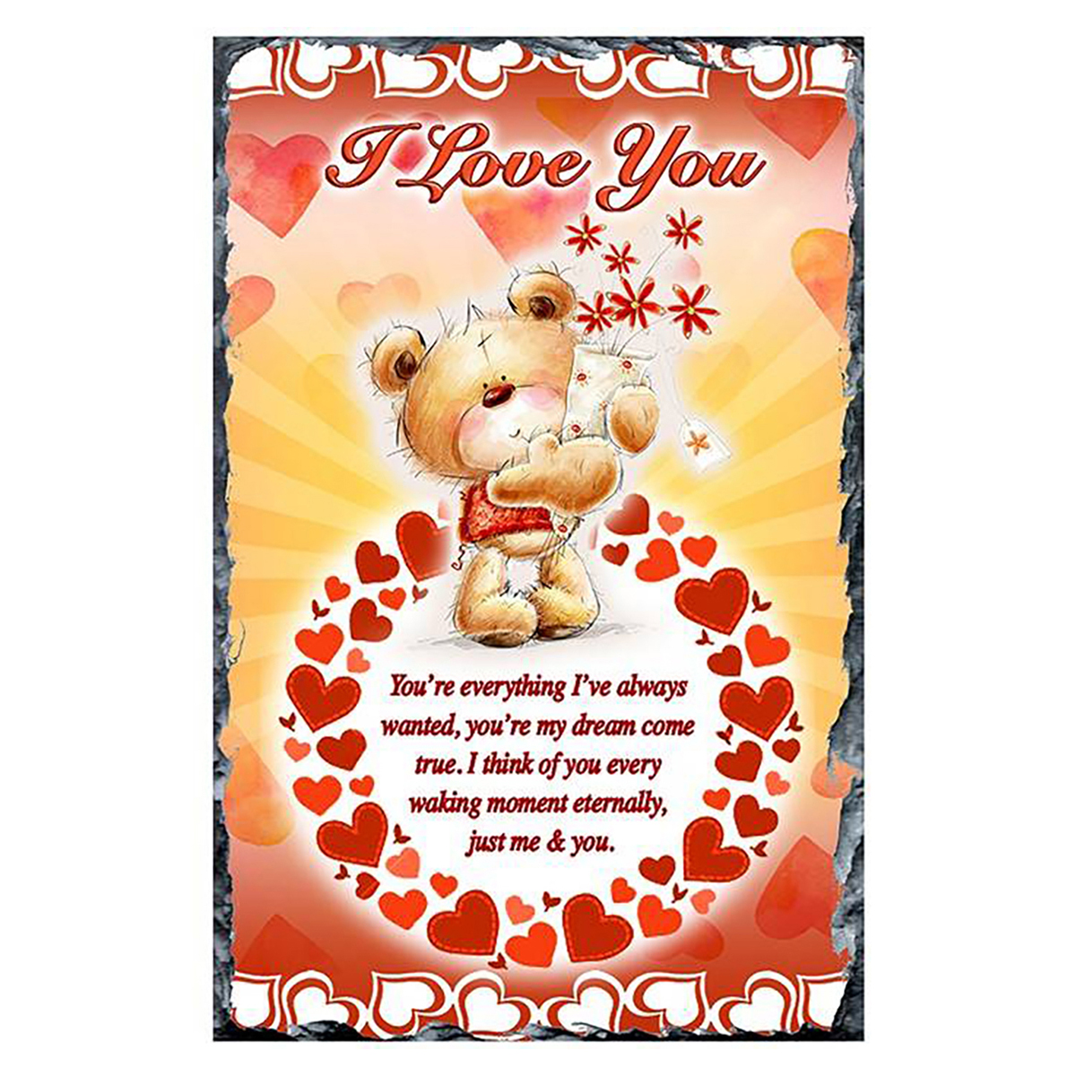 Personalised Valentines Slate Gift - Teddy & Flowers
