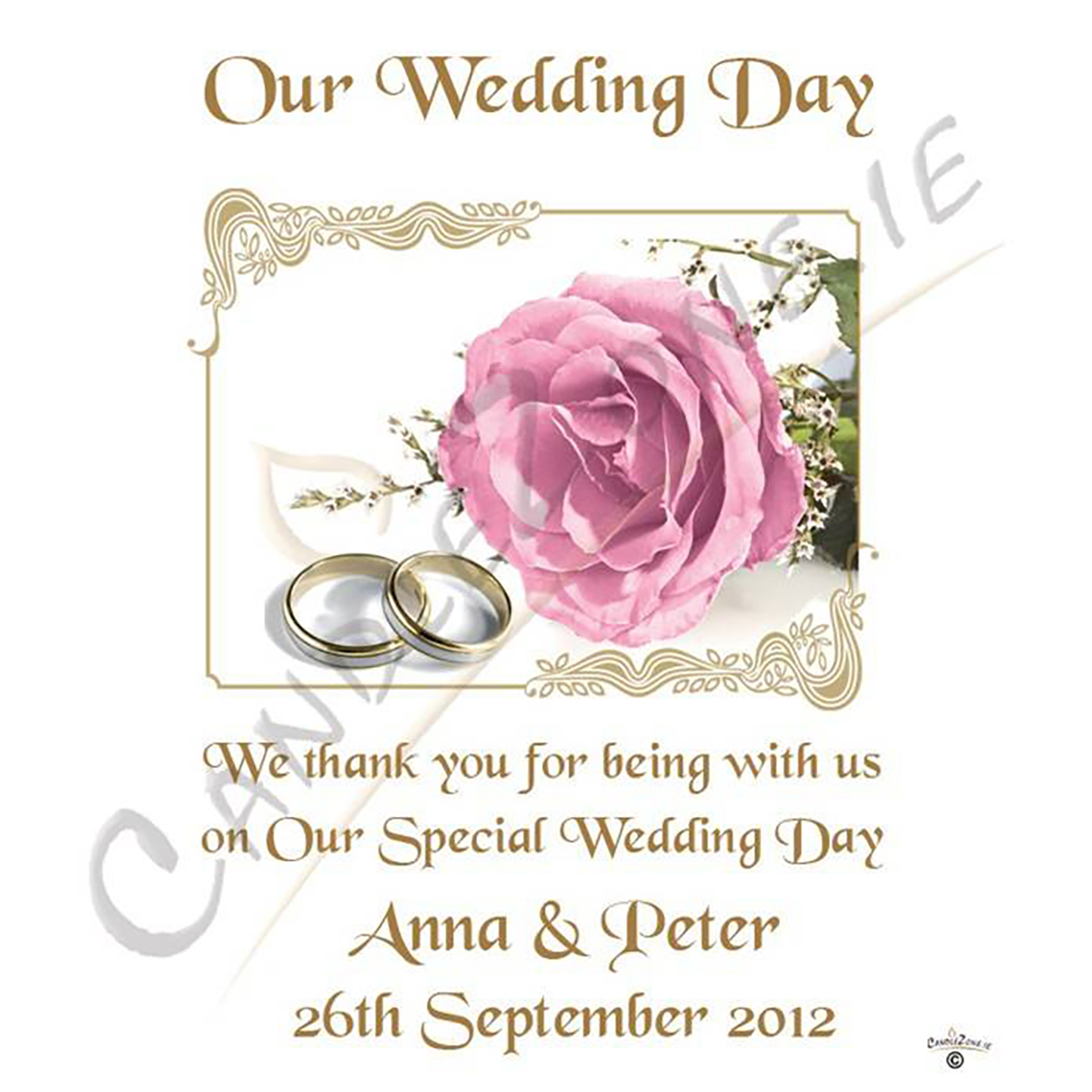 Personalised Thank you Wedding Favour - Pink Roses & Gold Rings