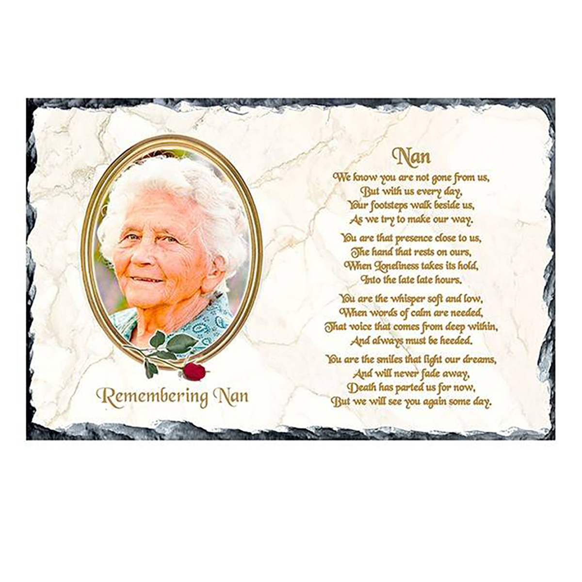 Personalsied Remembrance Slate - Red Rose White Marble with Photo