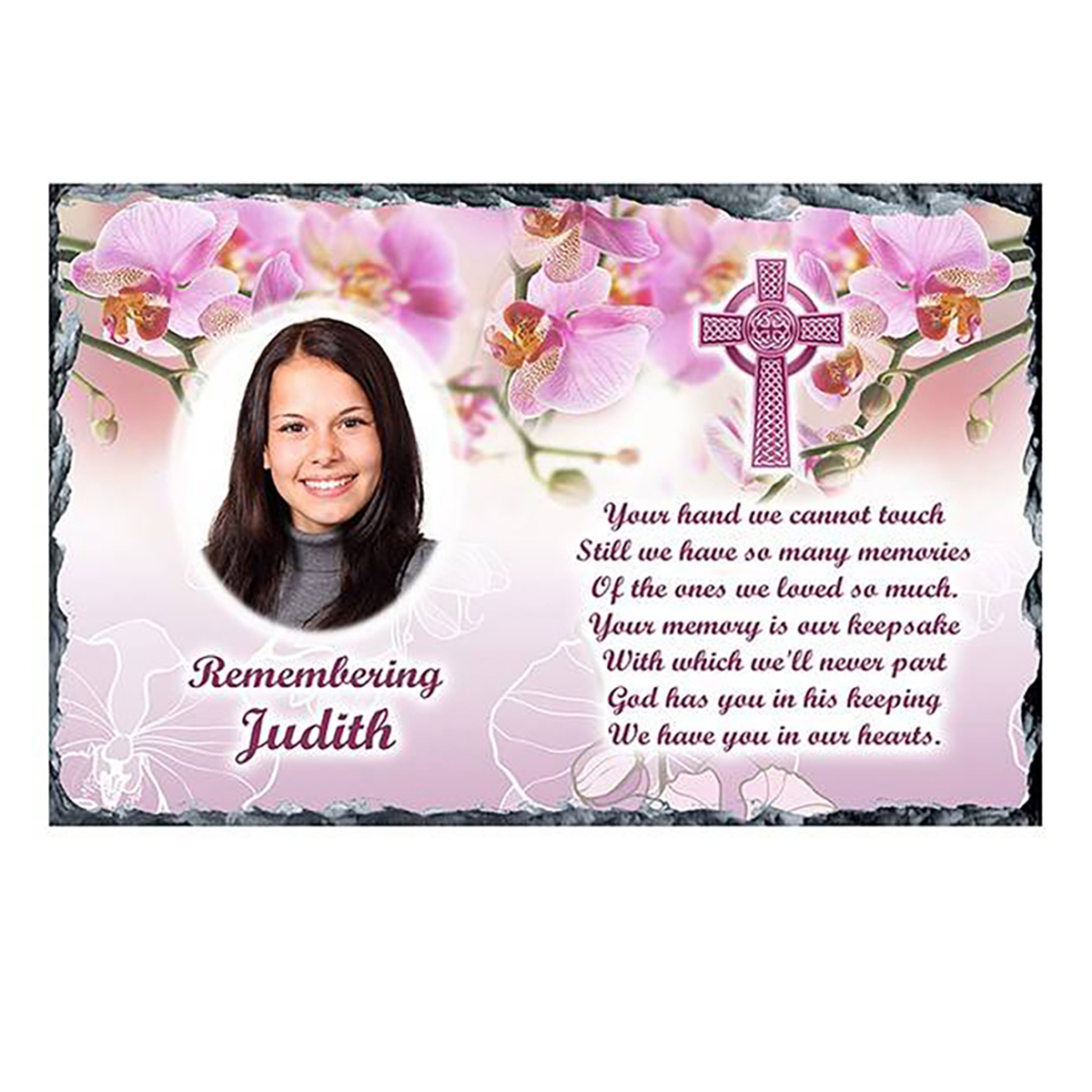 Personalsied Remembrance Slate - Pink Orchids & Cross with Photo