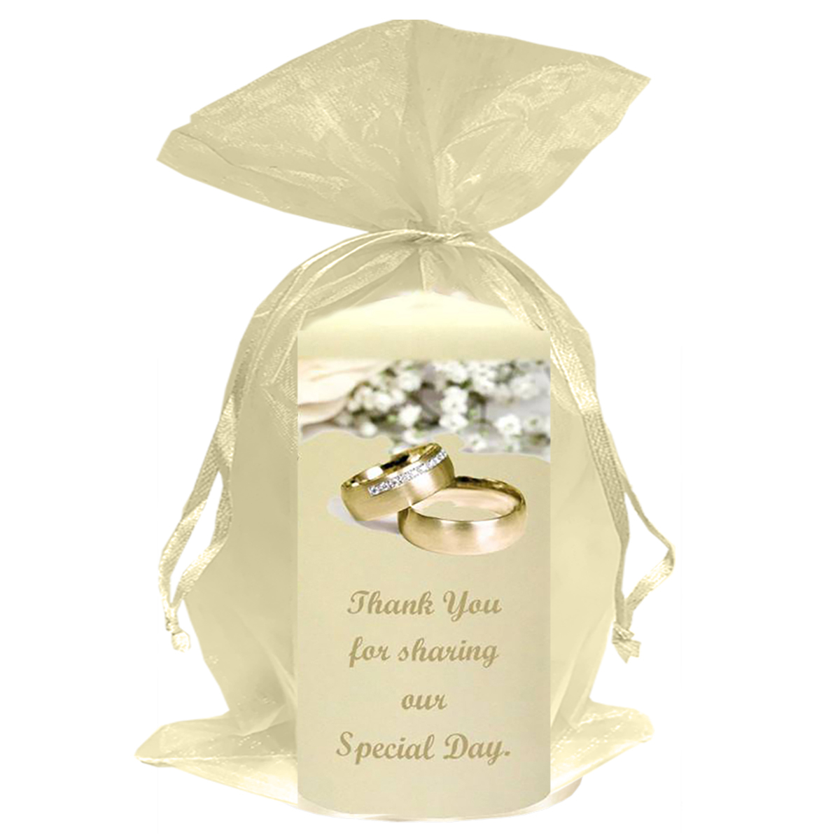 Personalised Thank you Wedding Favour - White Flowers & Rings Gold