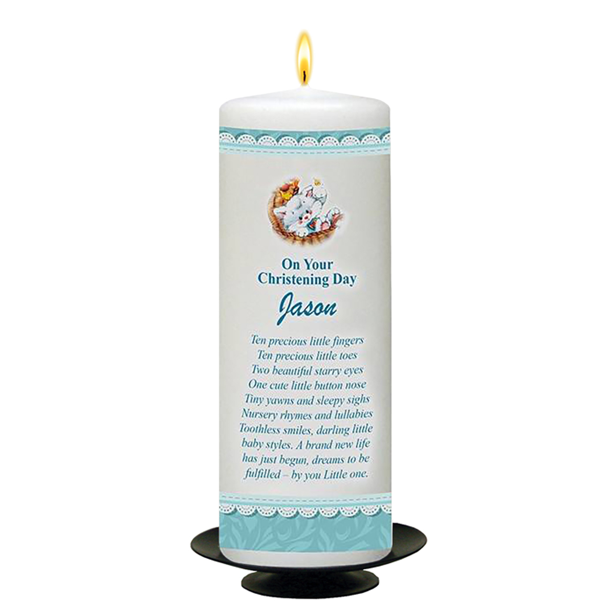 Personalised Boys Christening Candle - Teddy & Pram Lace Blue with Photo