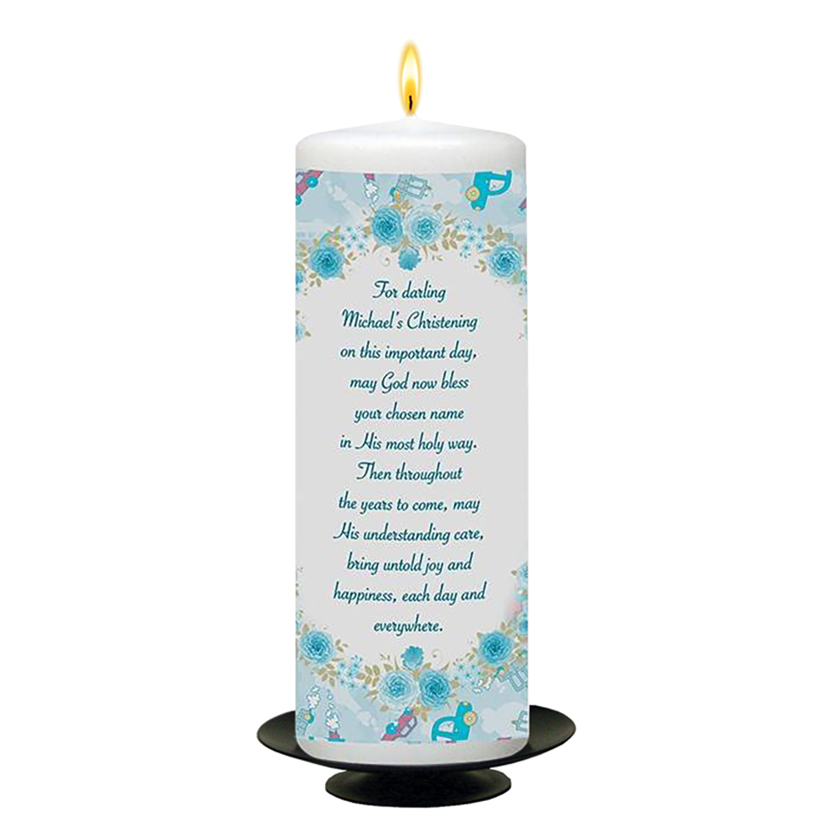 Personalised Boys Christening Candle - Bear & Sleeping on Moon Blue with Photo