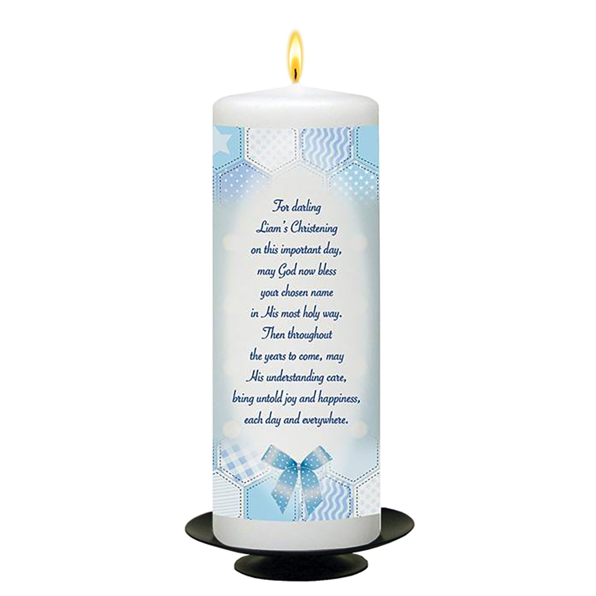 Personalised Boys Christening Candle - Dots & Ribbons Blue with Photo