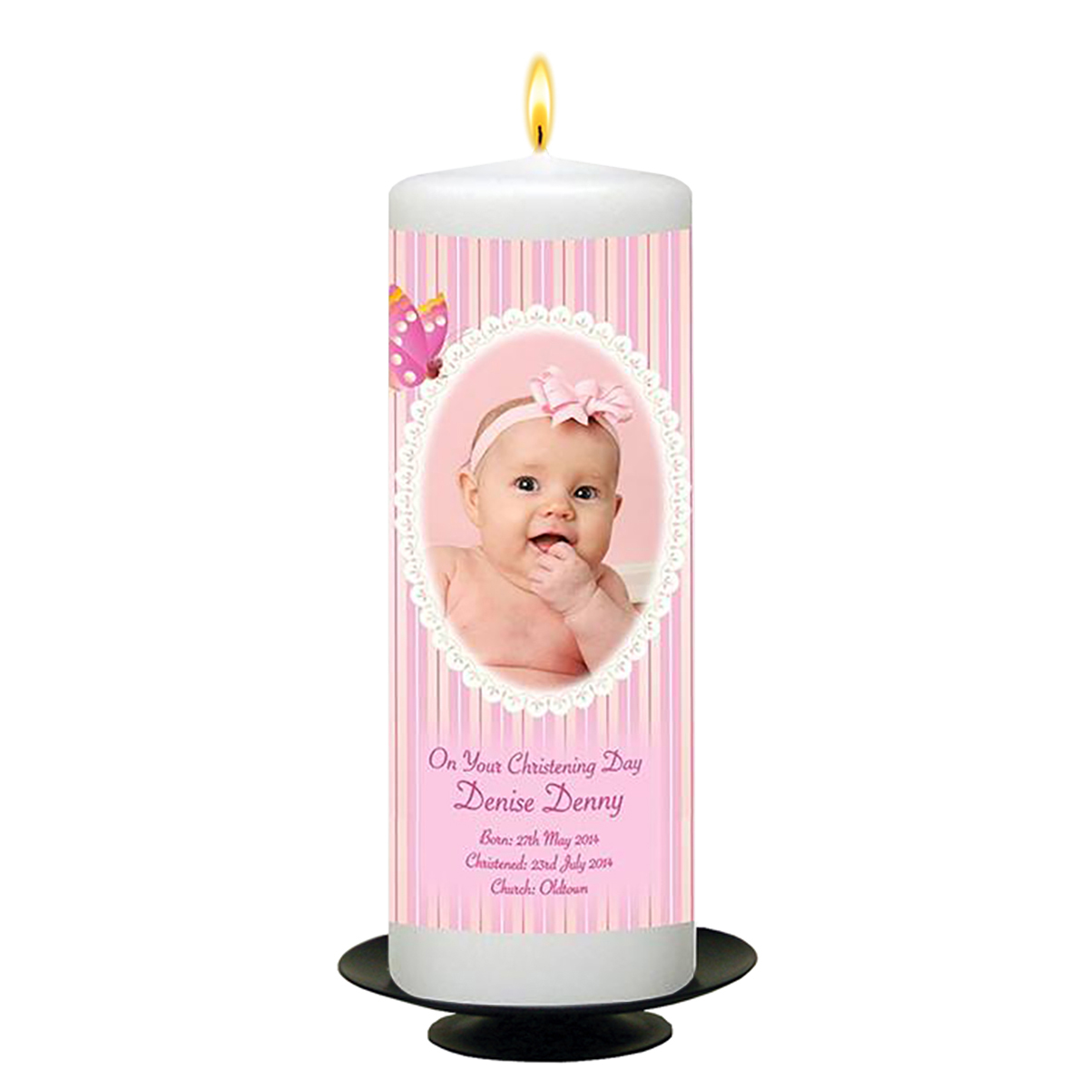 Personalised Girls Christening Candle - Butterfly & Bow Pink with Photo