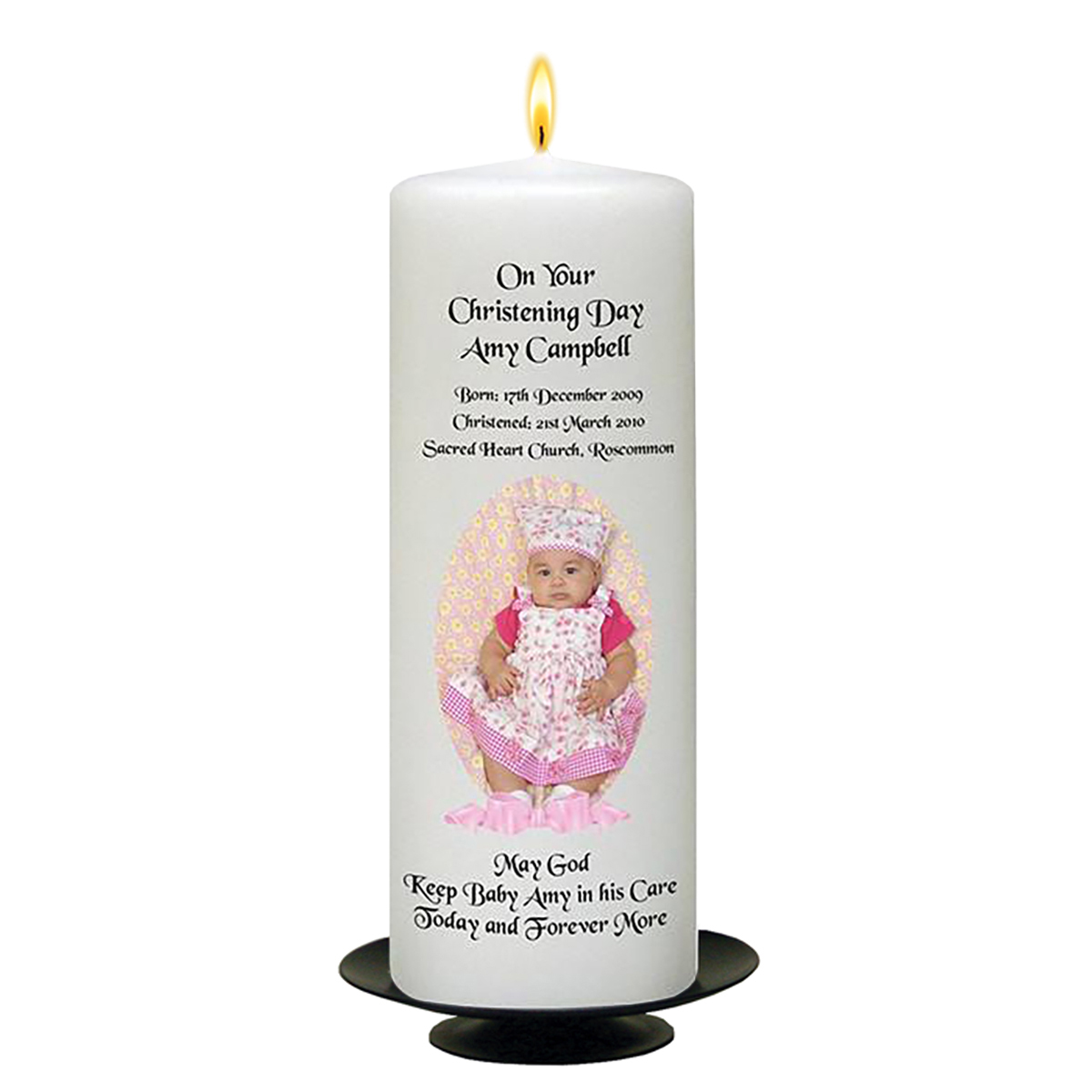 Personalised Girls Christening Candle - Ribbon Pink with Photo
