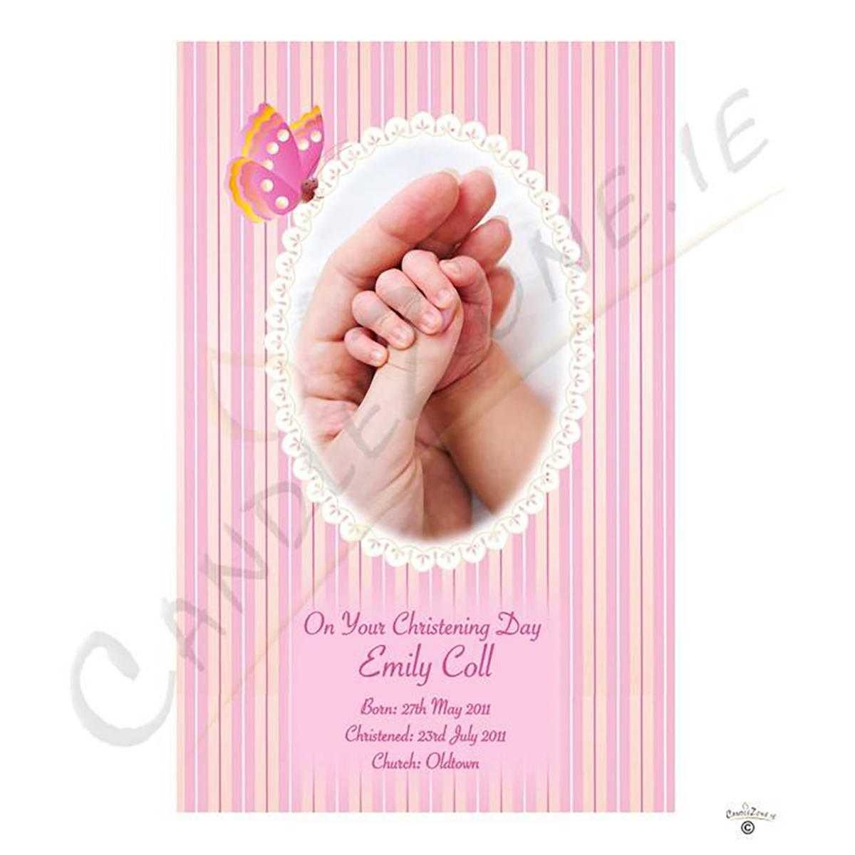 Personalised Girls Christening Candle - Butterfly & Bow Pink with Photo