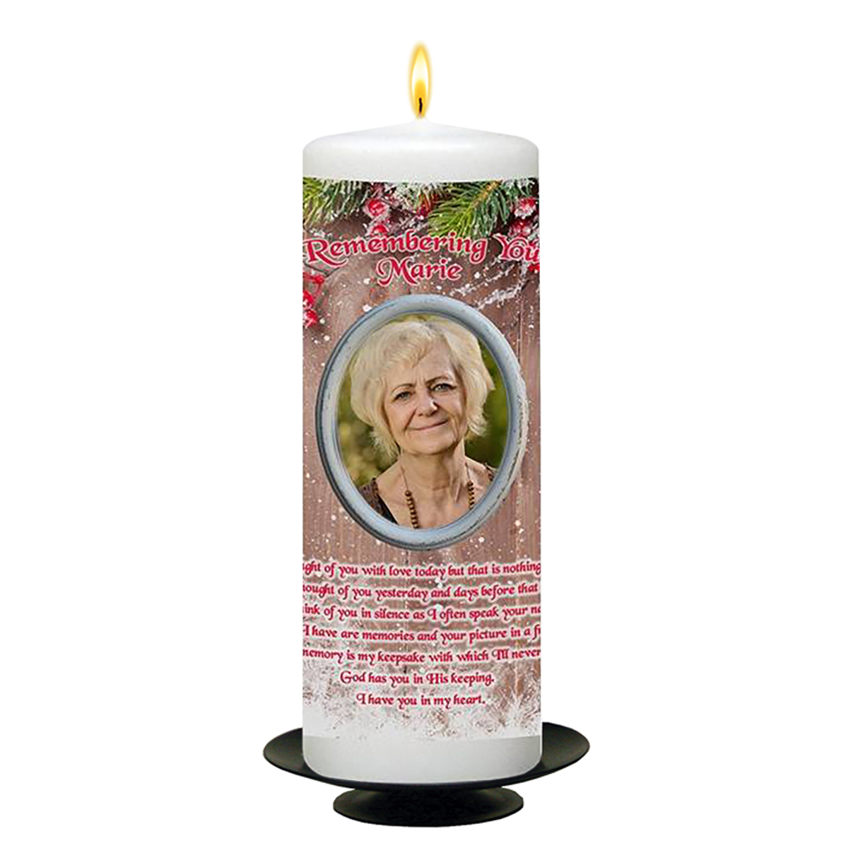 Personalised Christmas Remembrance Candle - Berries & Fence Photo