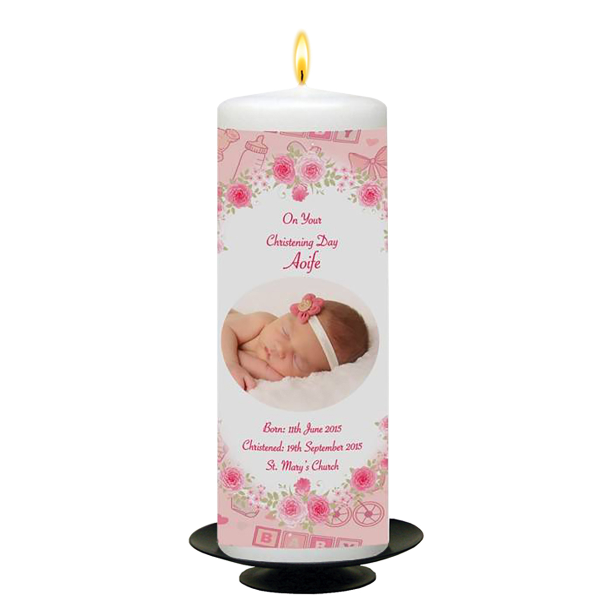 Personalised Girls Christening Candle - Bear Sleeping on Moon Pink with Photo