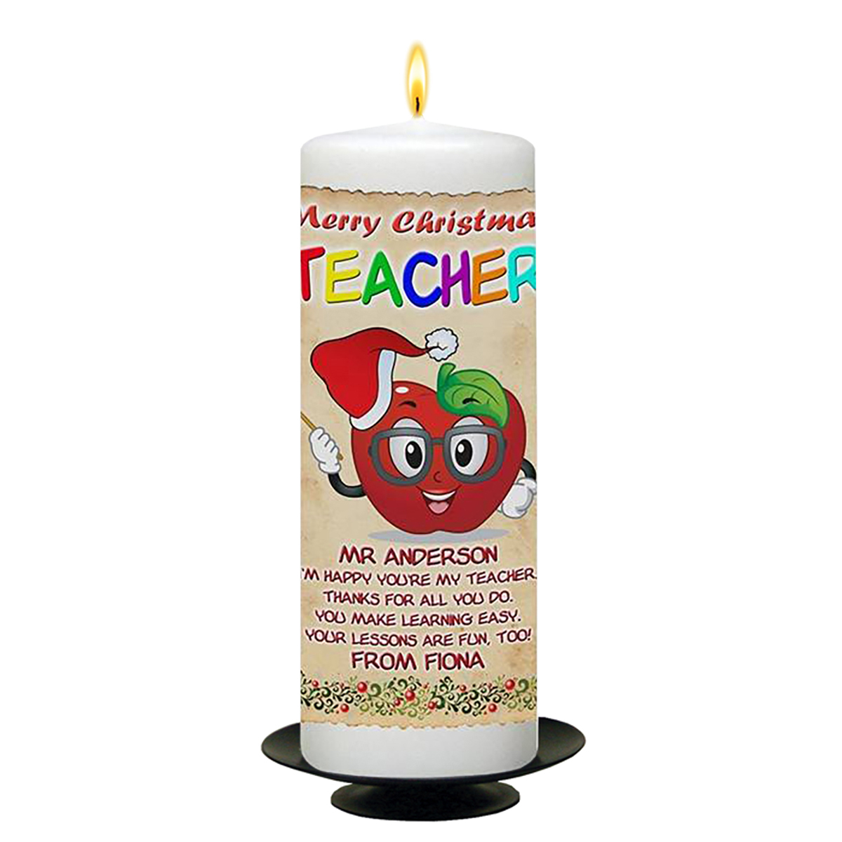 Personalised Christmas Teacher Candle Gift - Red Apple & Santa Hat