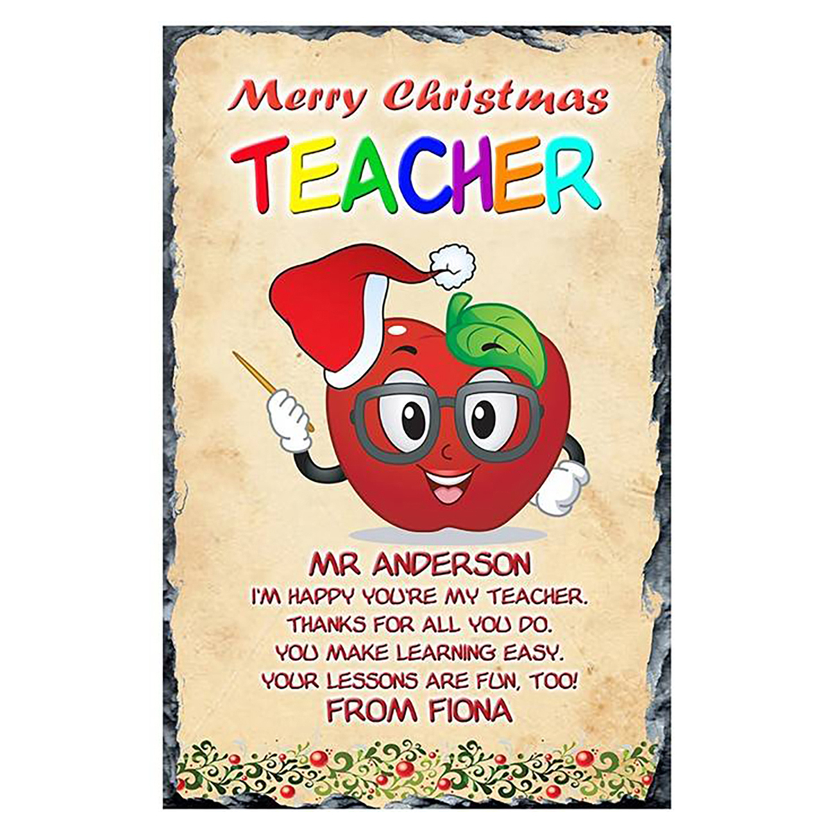 Personalised Christmas Teacher Slate Gift - Red Apple & Santa Hat