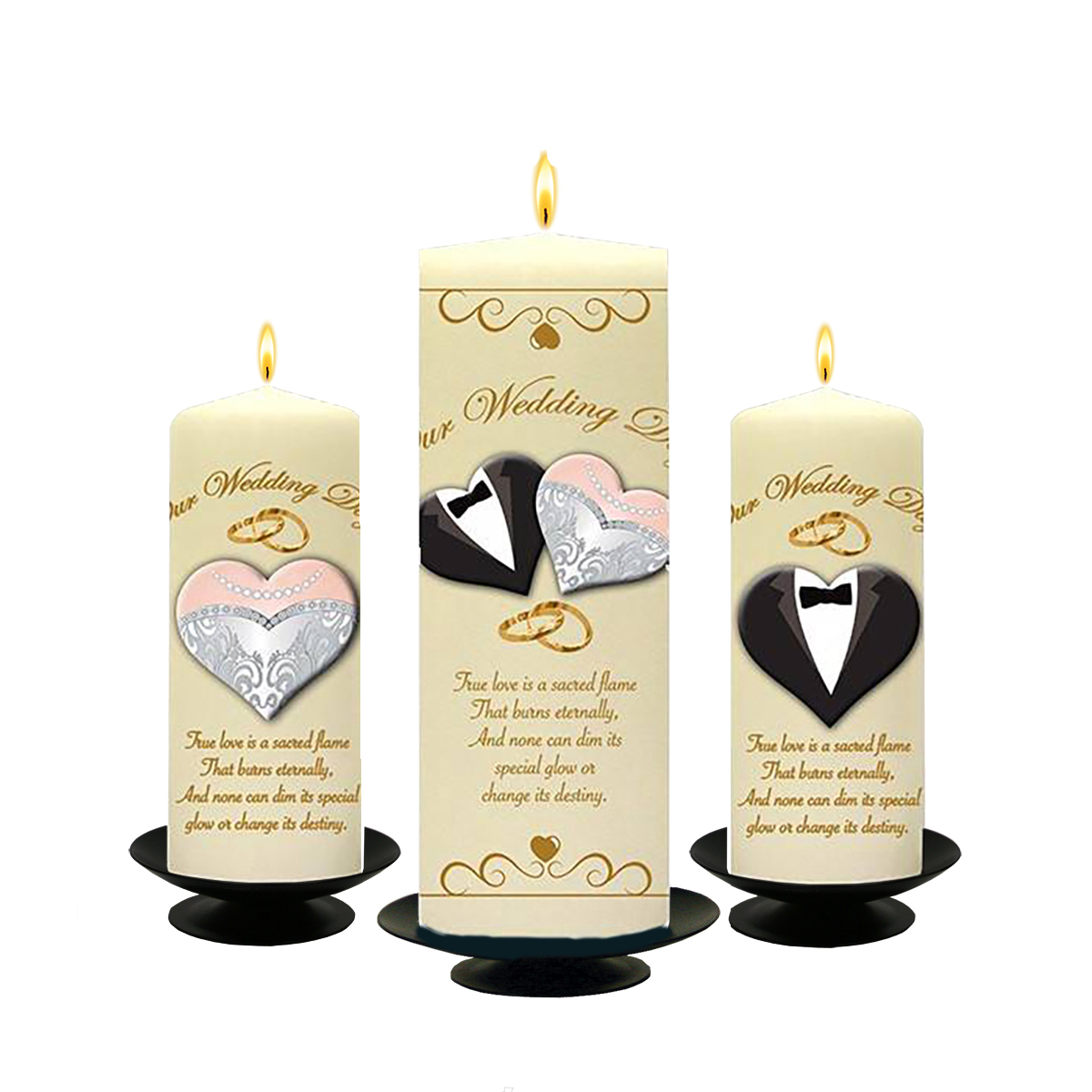 Personalised Wedding Candles - Tux & Gown Set (1 x 9 inch & 2 x 6 inch Candles) Ivory