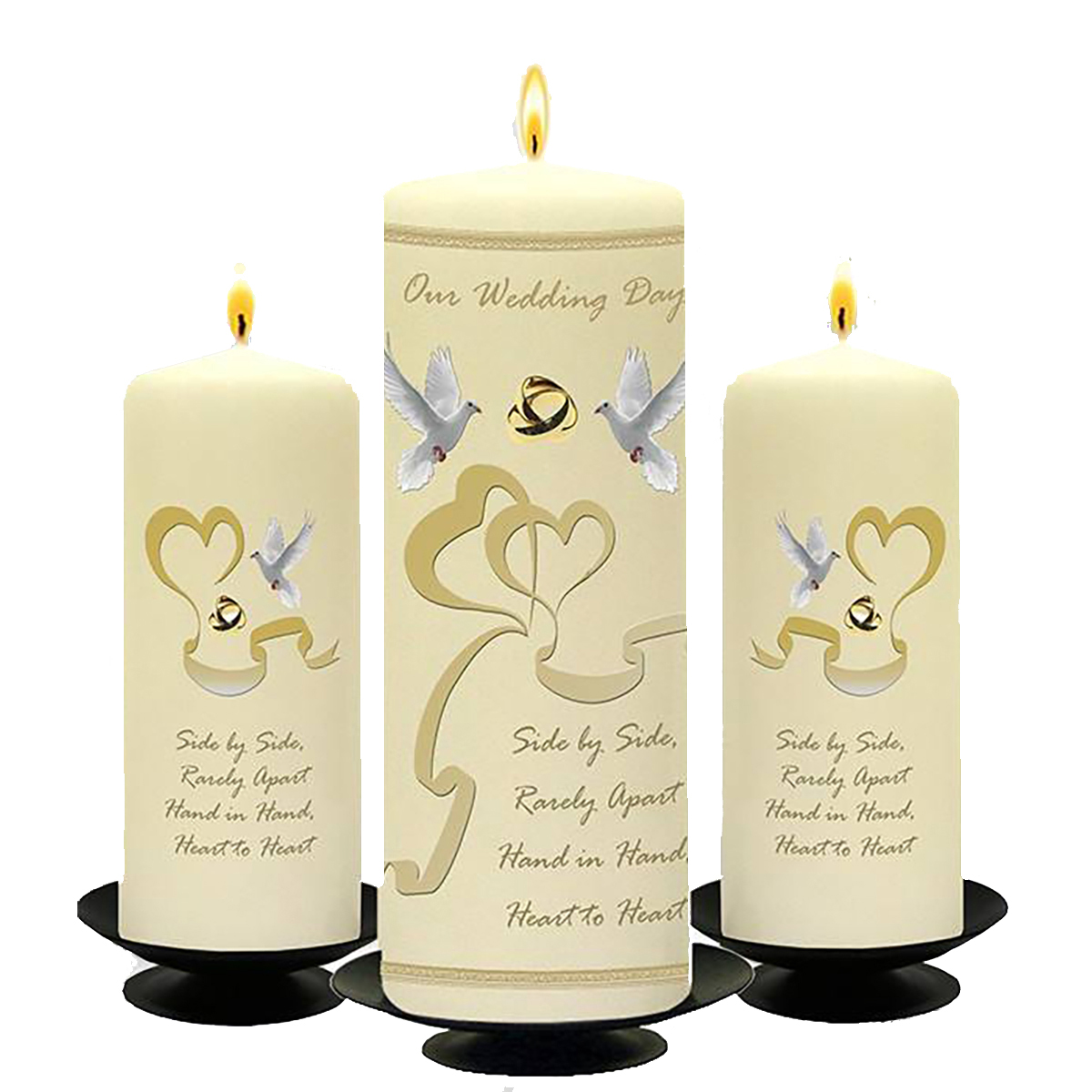 Personalised Wedding Candles - Two Hearts & Doves Gold Set (1 x 9 inch & 2 x 6 inch Candles)
