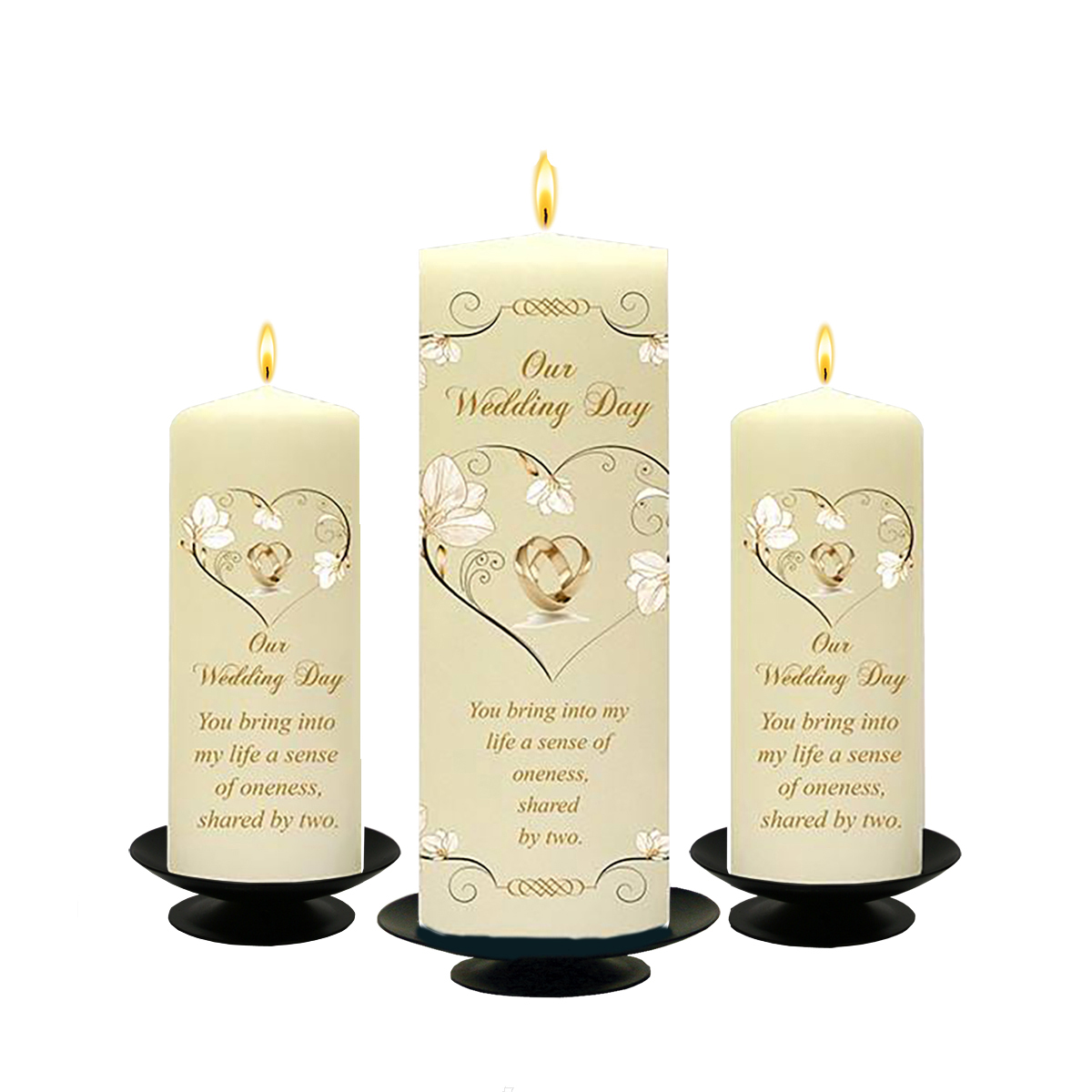 Personalised Wedding Candles - Flower Heart Gold Set (1 x 9 inch & 2 x 6 inch Candles)