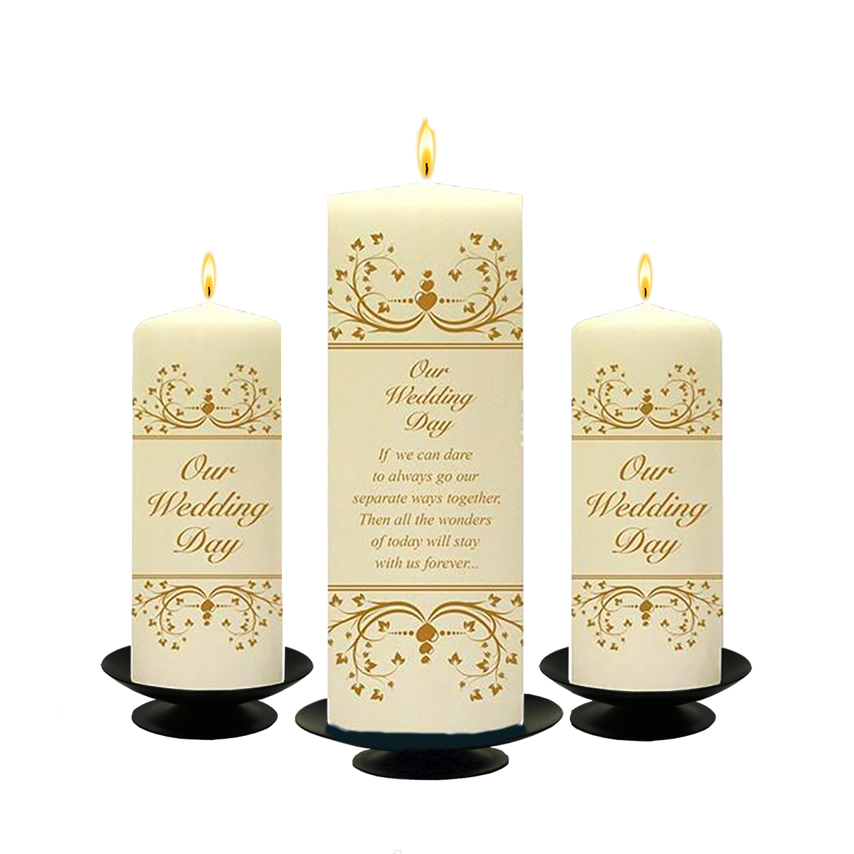 Personalised Wedding Candles - Heart Vine Set (1 x 9 inch & 2 x 6 inch Candles) Gold on Ivory