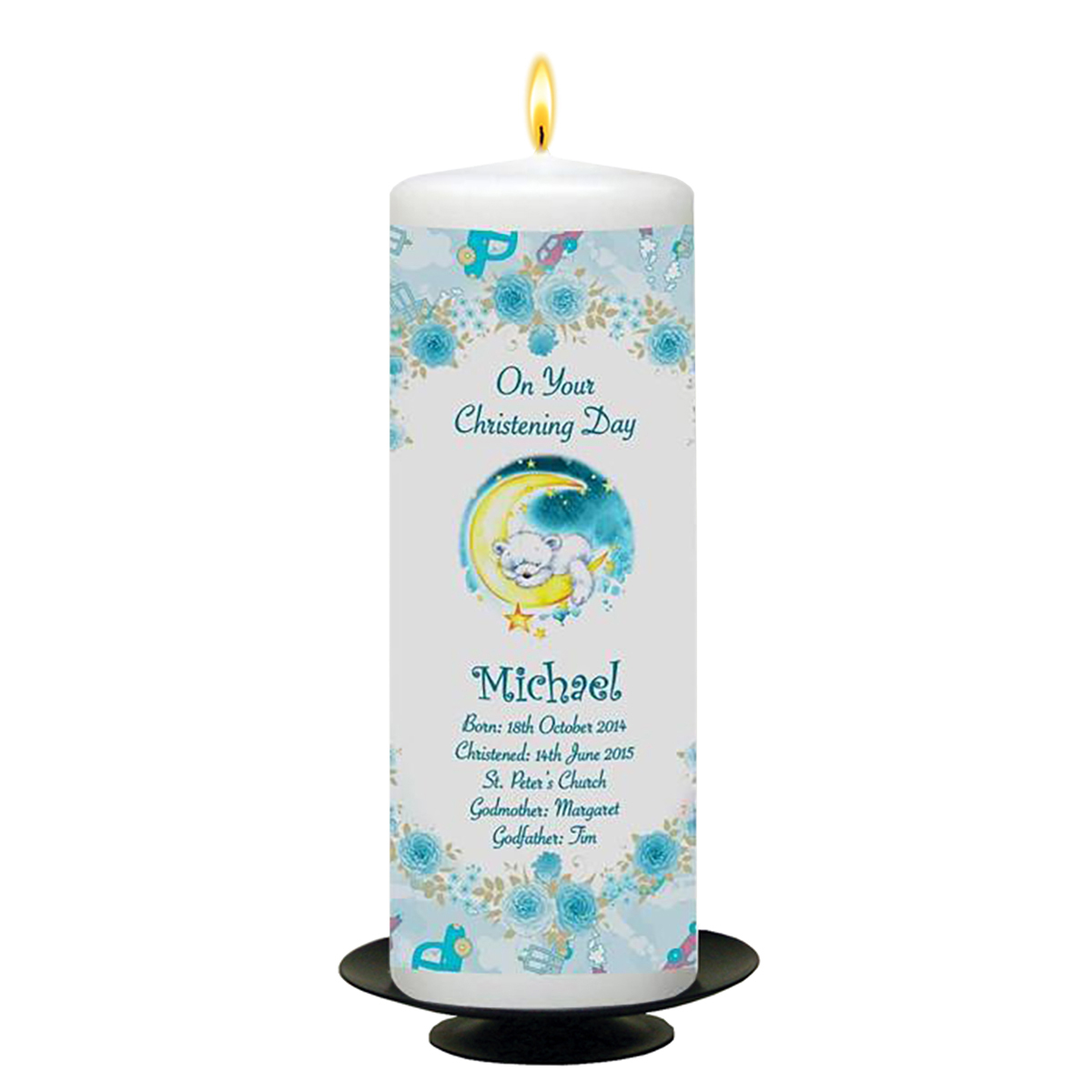 Personalised Boys Christening Candle - Bear & Sleeping on Moon Blue