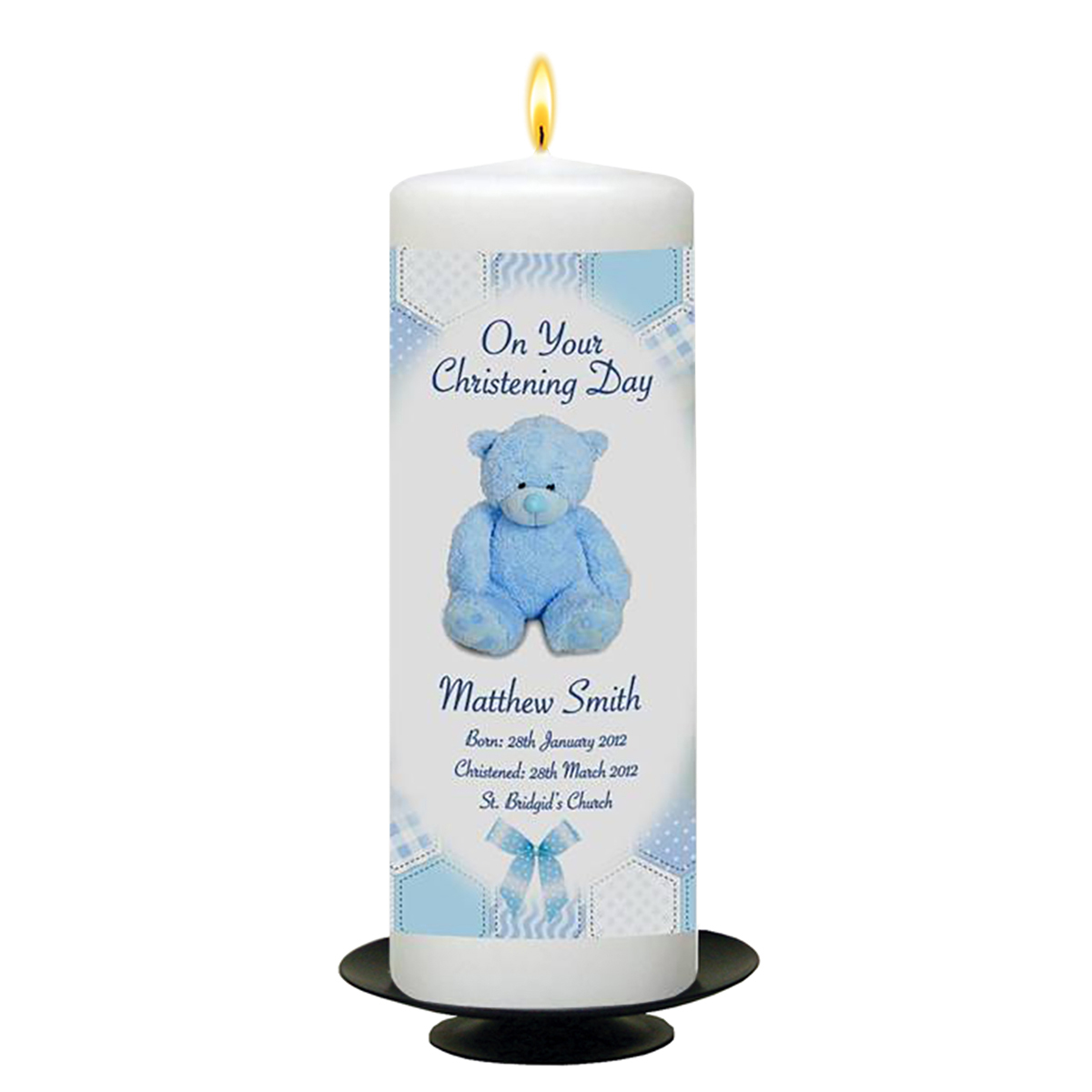 Personalised Boys Christening Candle - Dots & Ribbons Blue Teddy