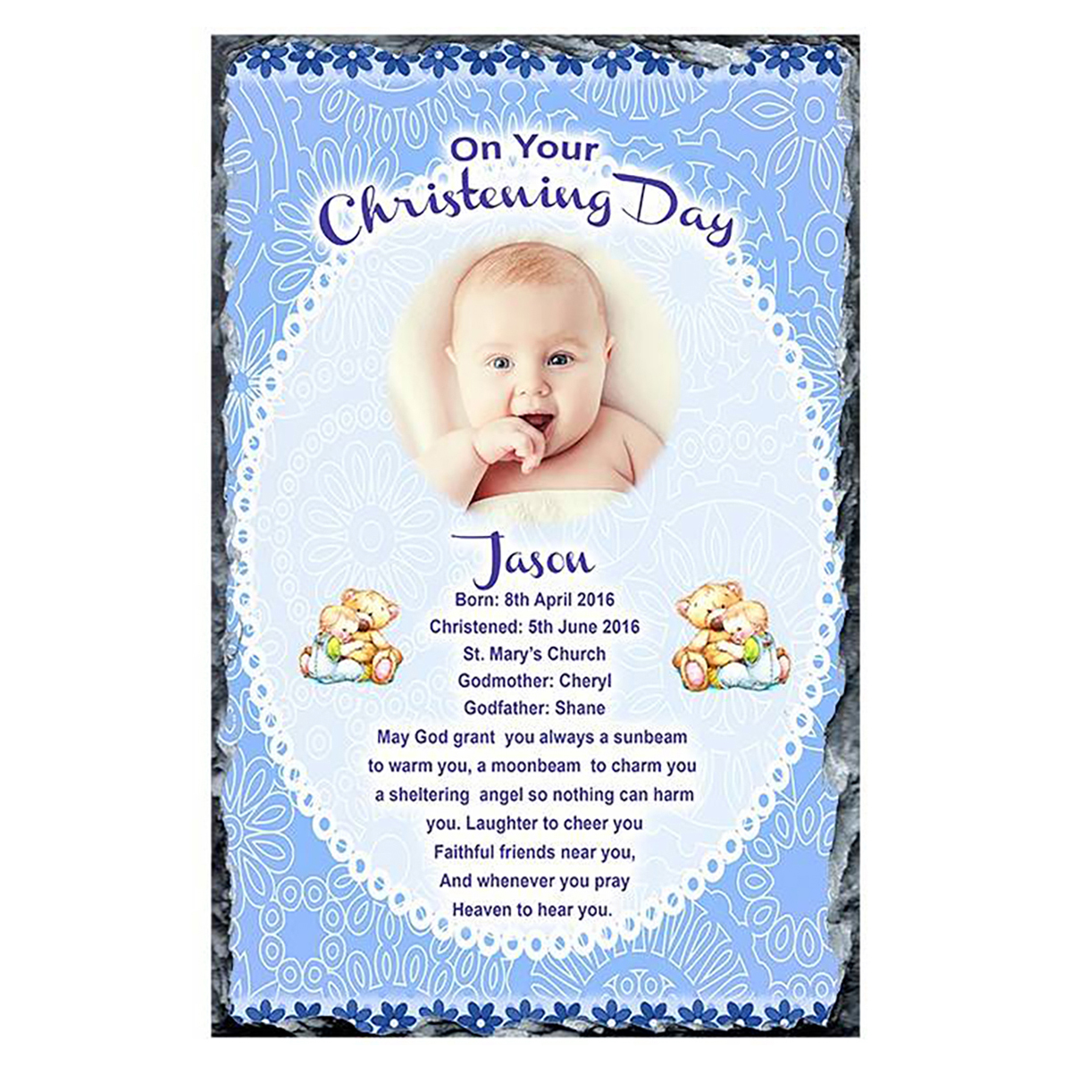 Personalised Boys Christening Candle - Cuddles Blue with Photo
