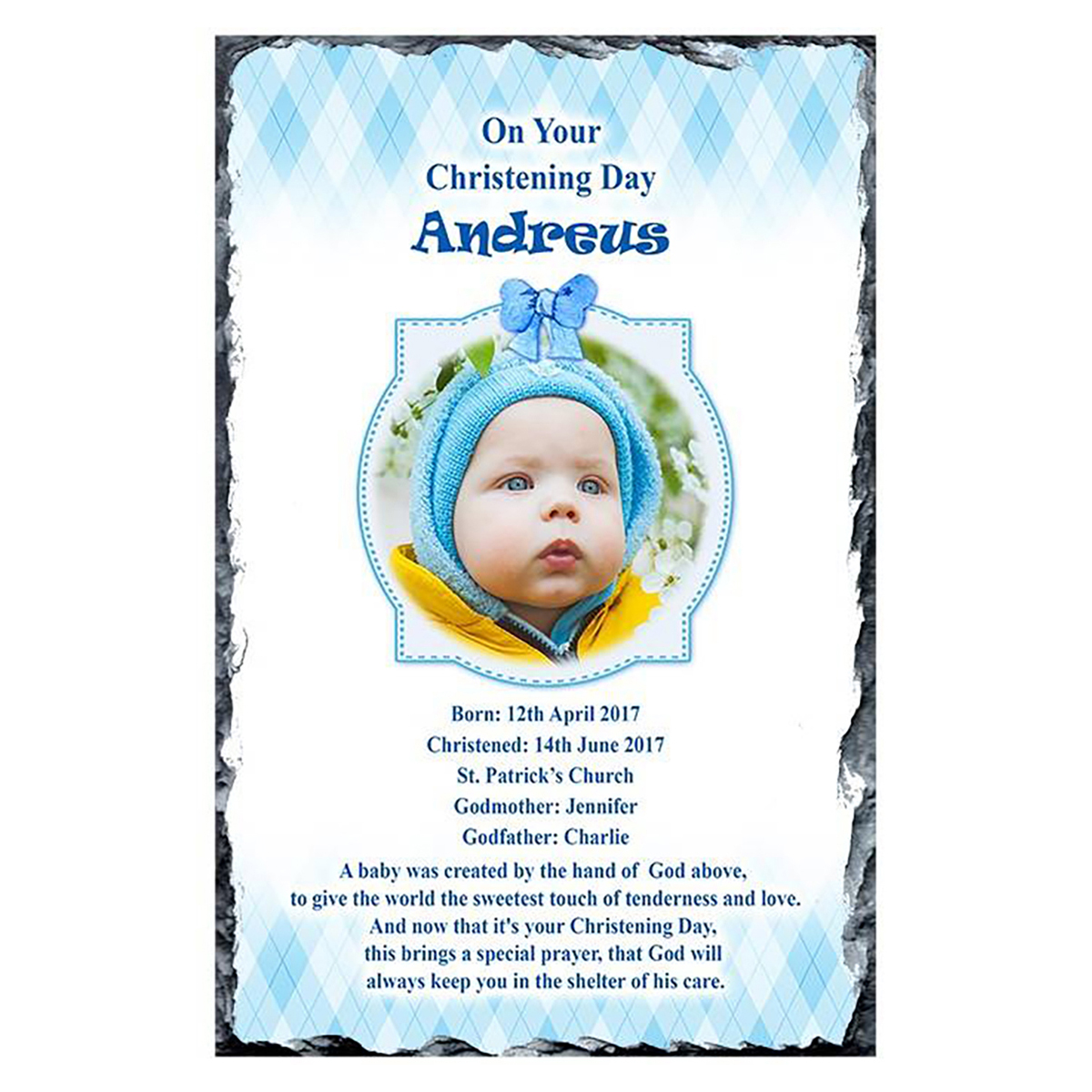 Personalised Boys Christening Candle - Teddy & Chair Blue with Photo
