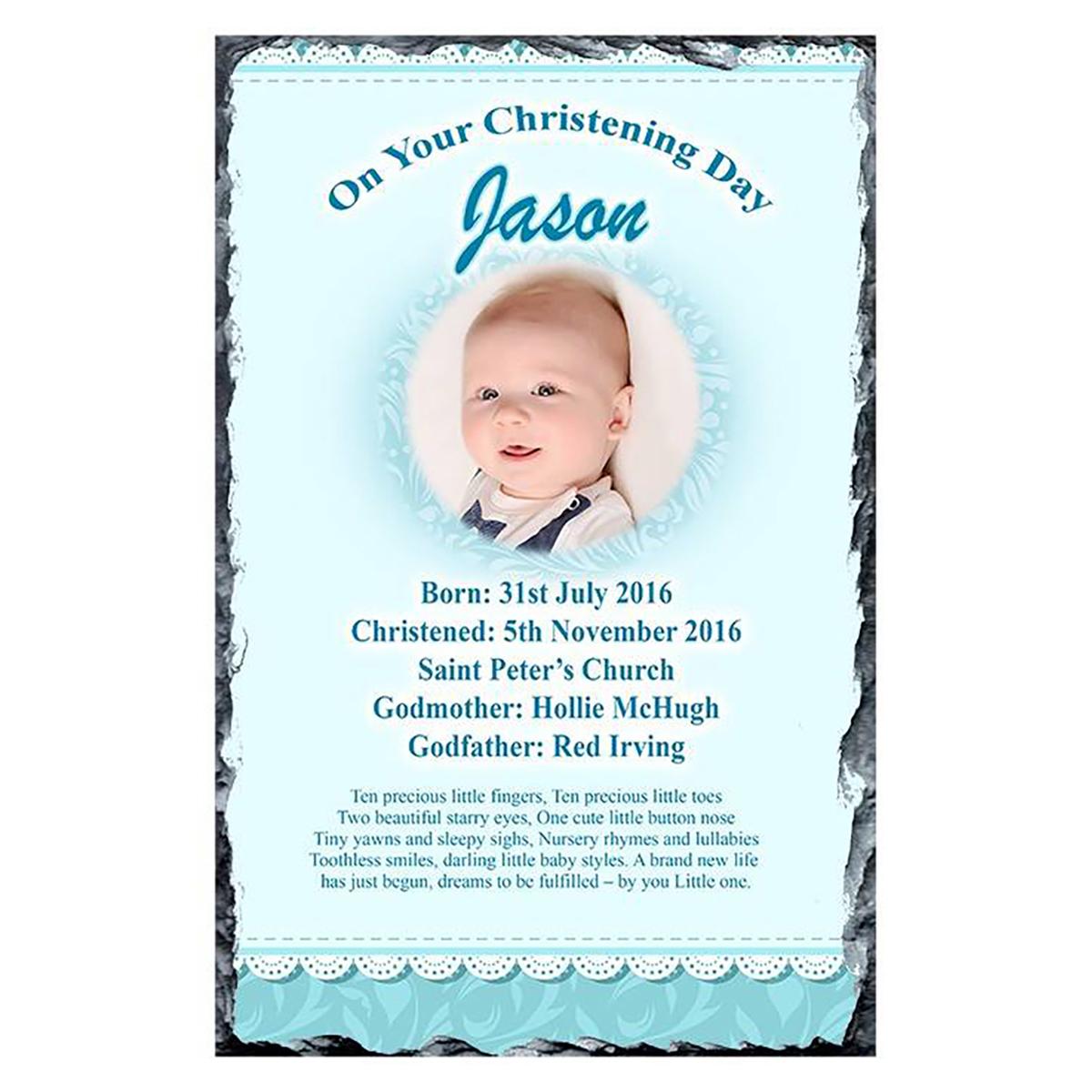 Personalised Boys Christening Candle - Teddy & Pram Lace Blue with Photo