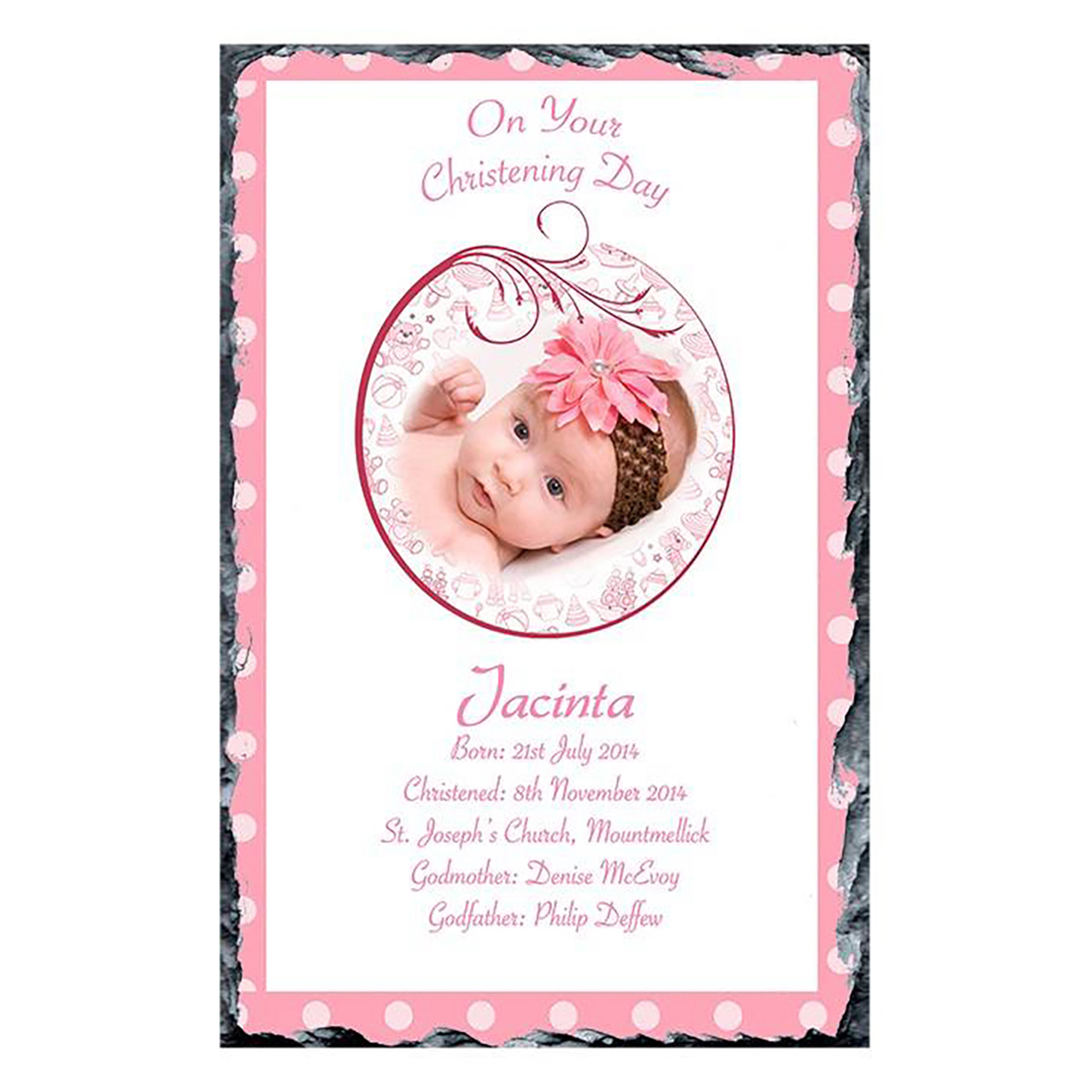 Personalised Girl Christening Slate Gift - Teddy & Pink Bubbles with Photo