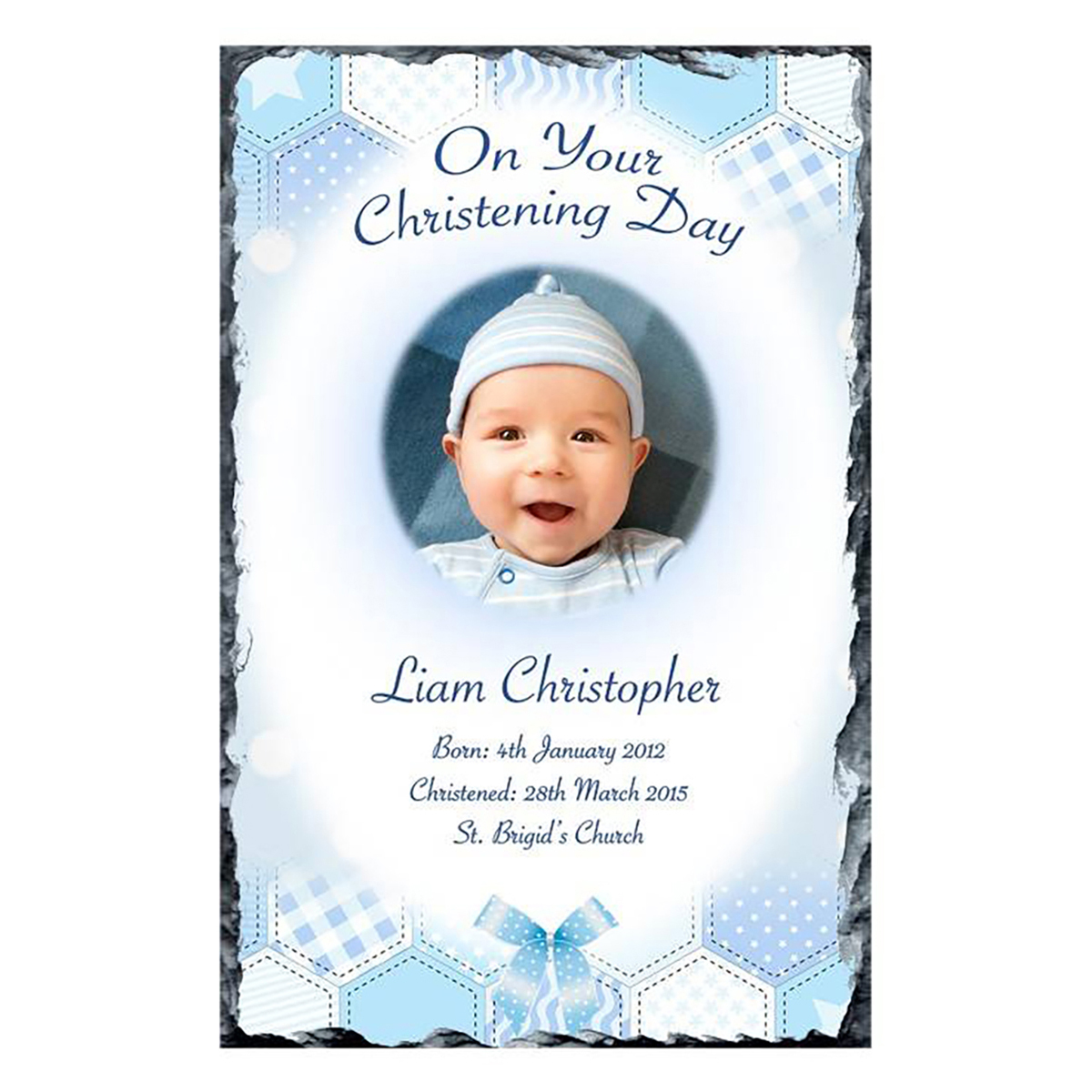 Personalised Boys Christening Candle - Dots & Ribbons Blue with Photo