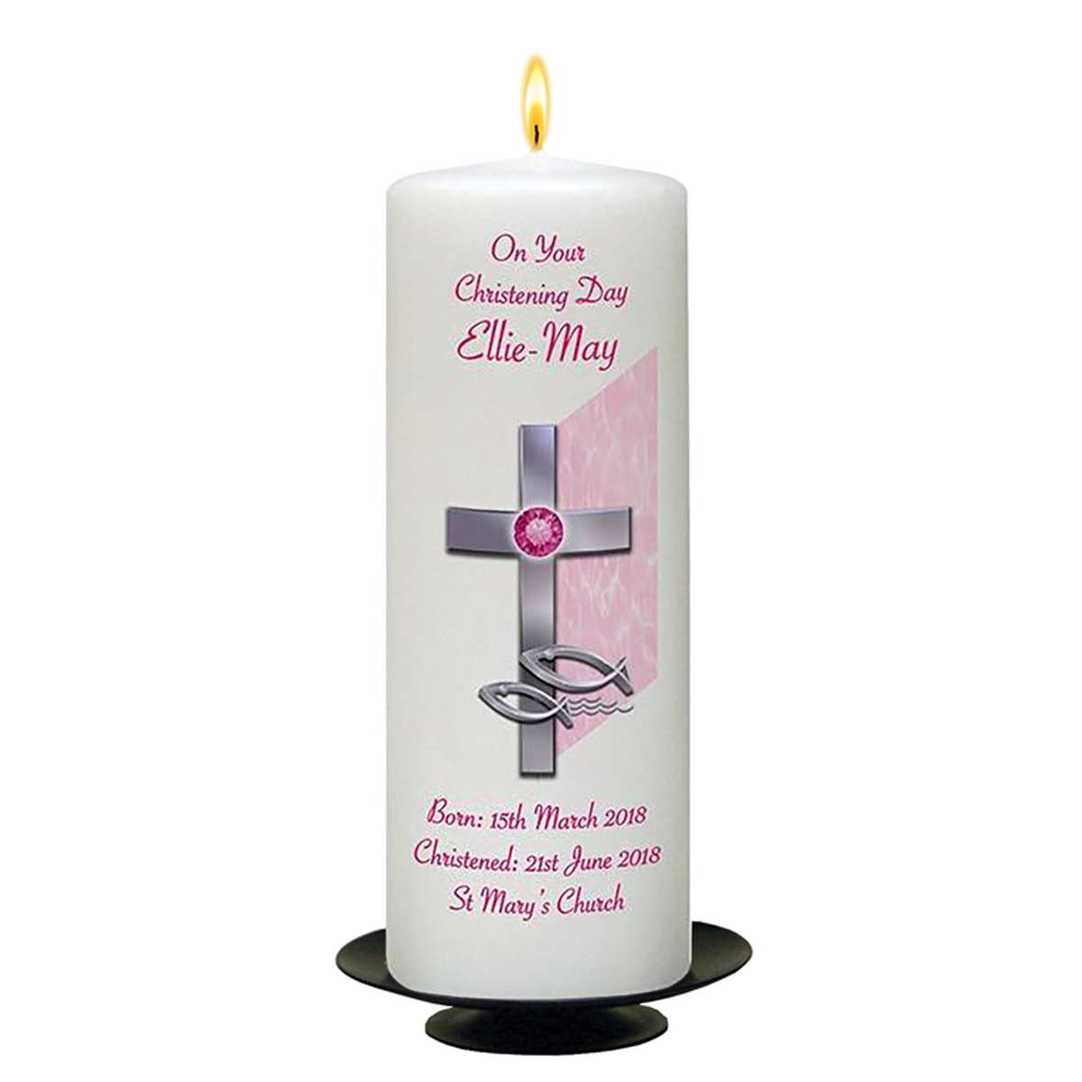 Personalised Girls Christening Candle - Cross & Fish Pink