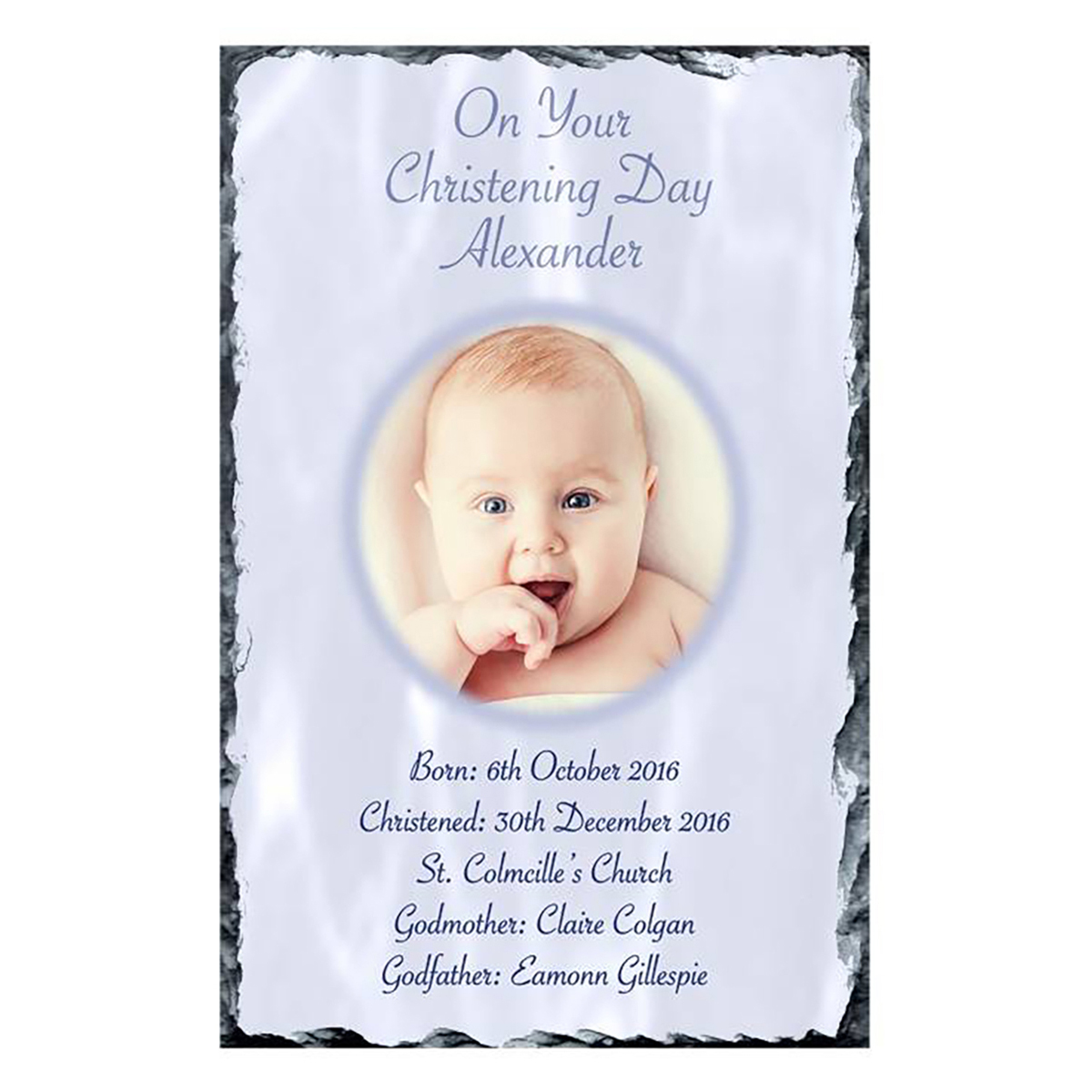 Personalised Boys Christening Candle - Cross & Fish Blue with Photo