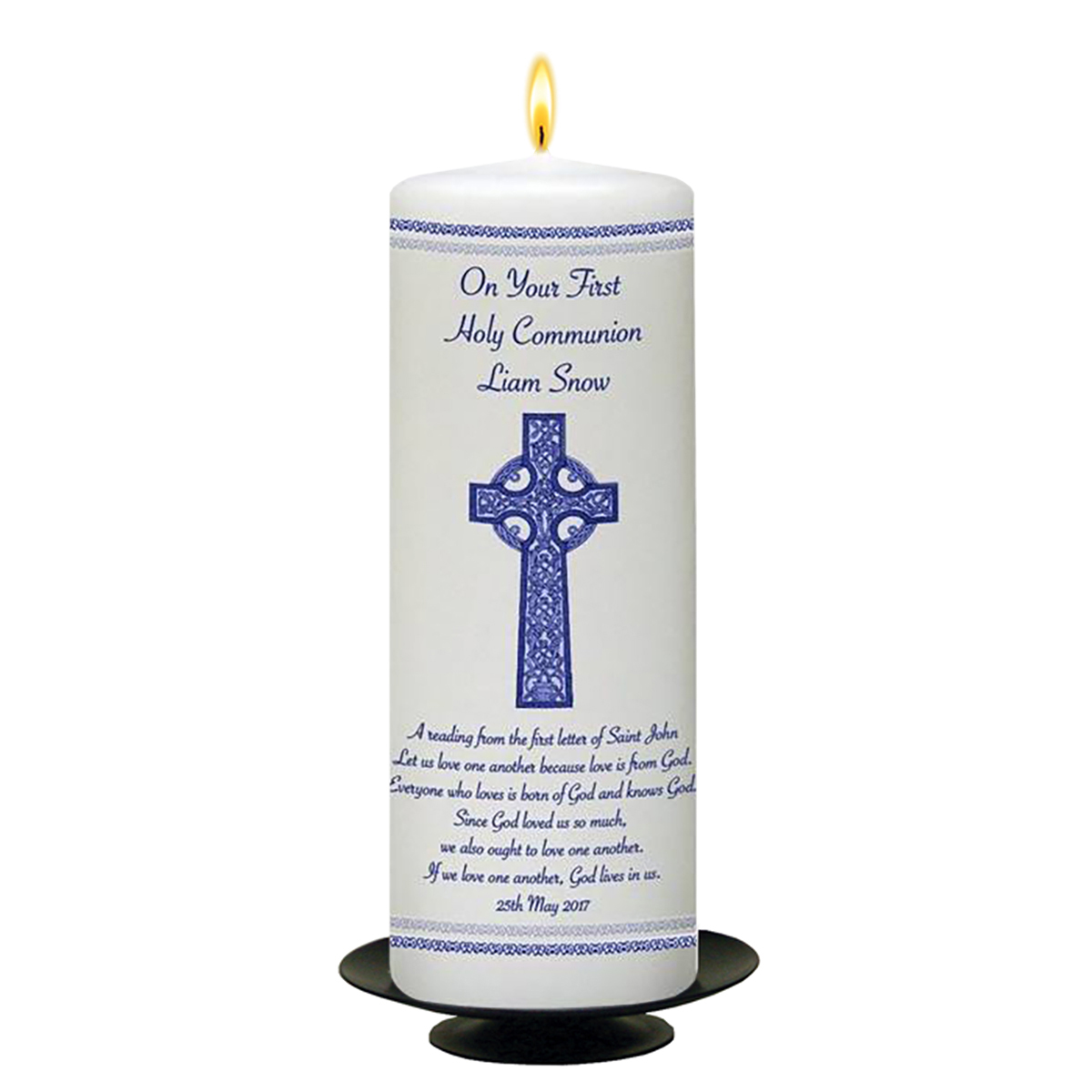 Personalised 1st Holy Communion Candle - Blue Celtic Cross