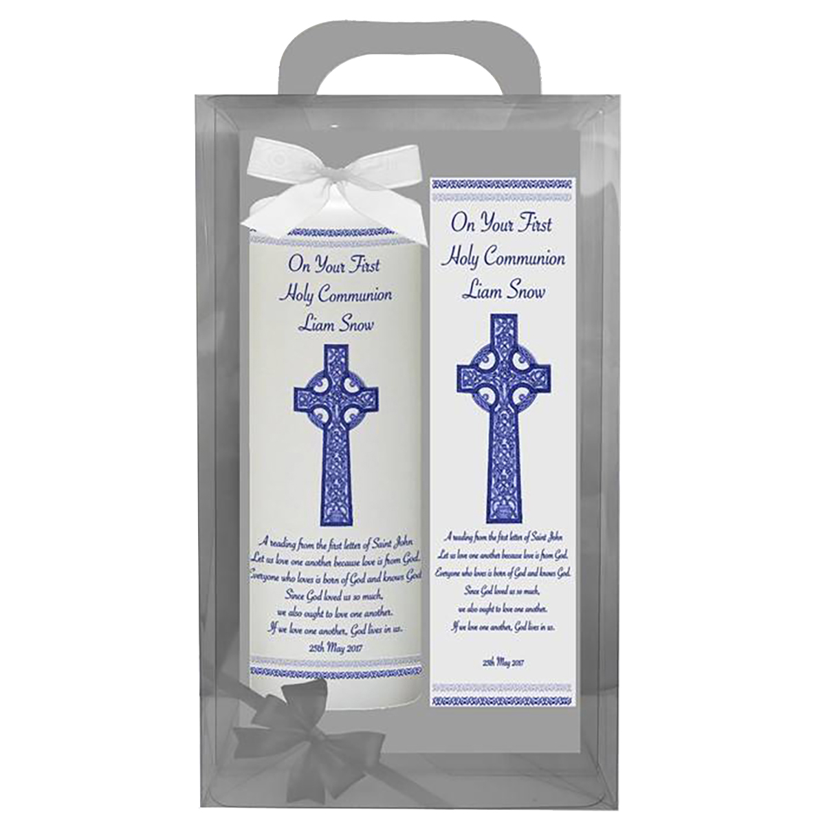 Personalised 1st Holy Communion Candle - Blue Celtic Cross