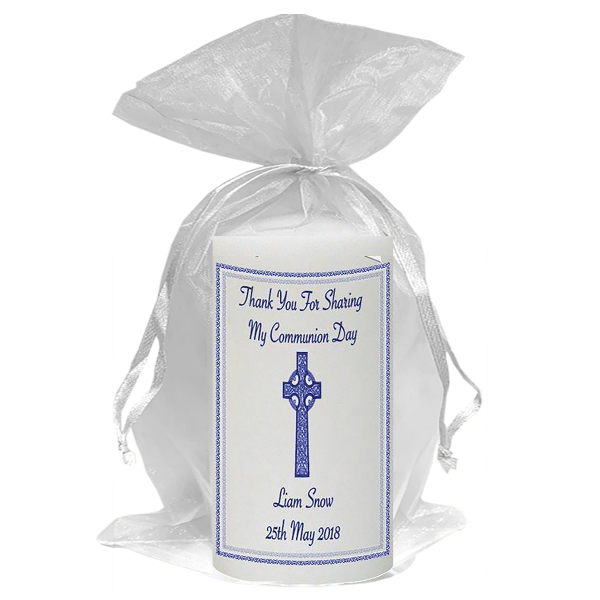 Personalised 1st Holy Communion Candle - Blue Celtic Cross