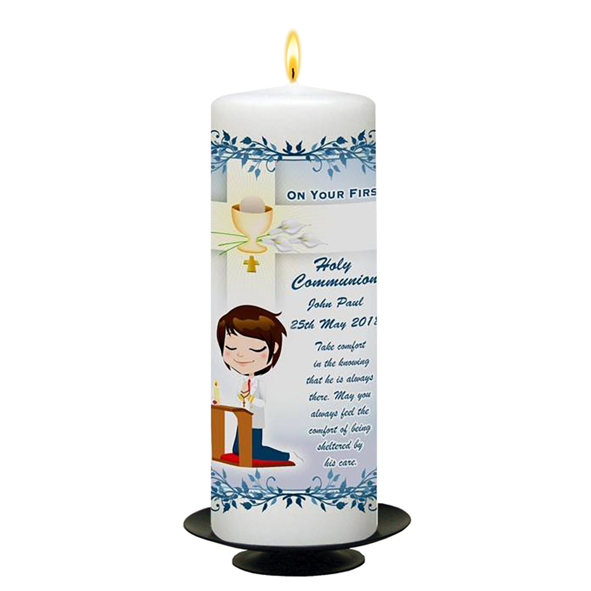 Personalised 1st Holy Communion Candle - Praying Boy & Chalice
