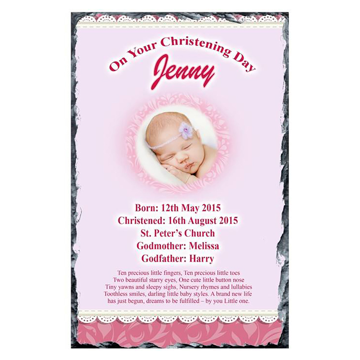 Personalised Girls Christening Slate - Teddy & Pram Lace Pink with Photo Slatr