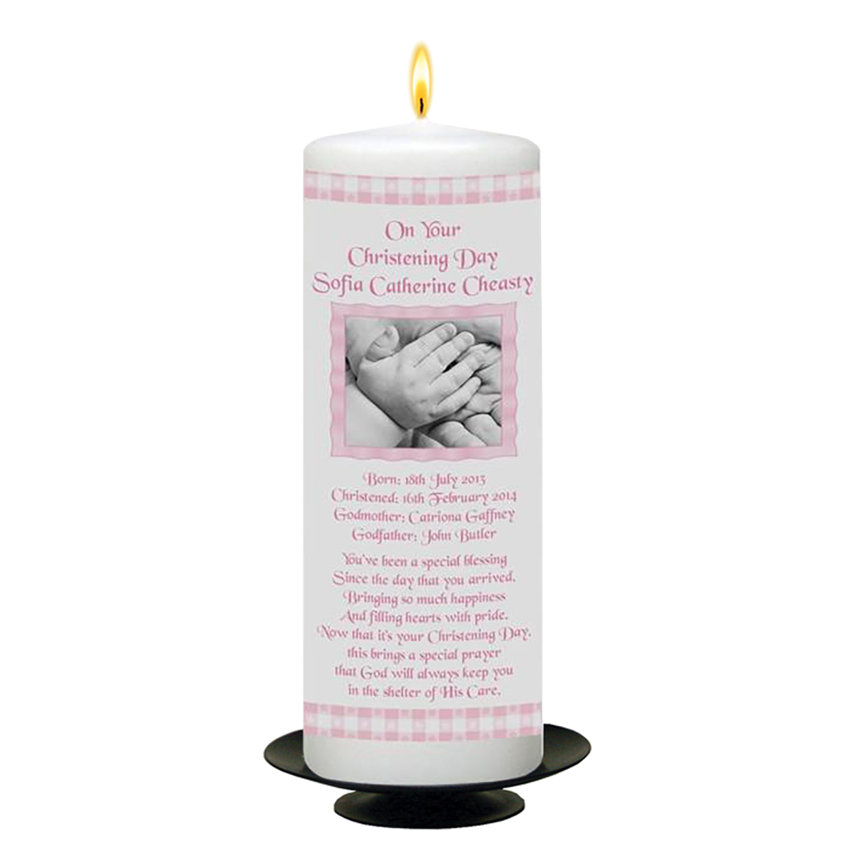 Personalised Girls Christening Candle - Hand & Gingham Pink