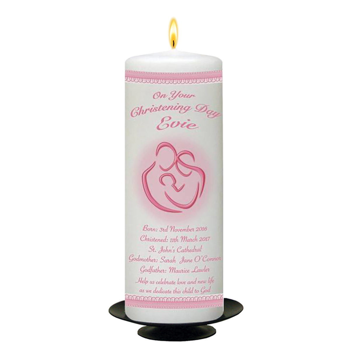 Personalised Girls Christening Candle - Family Complete Lace Pink
