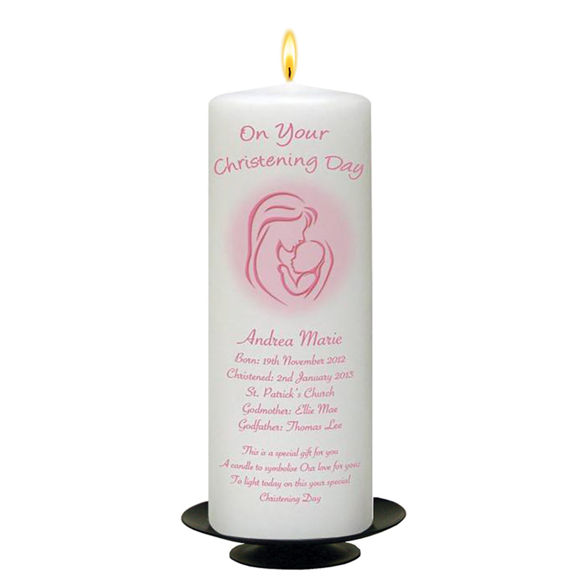 Personalised Girls Christening Candle - Mother & Child Pink