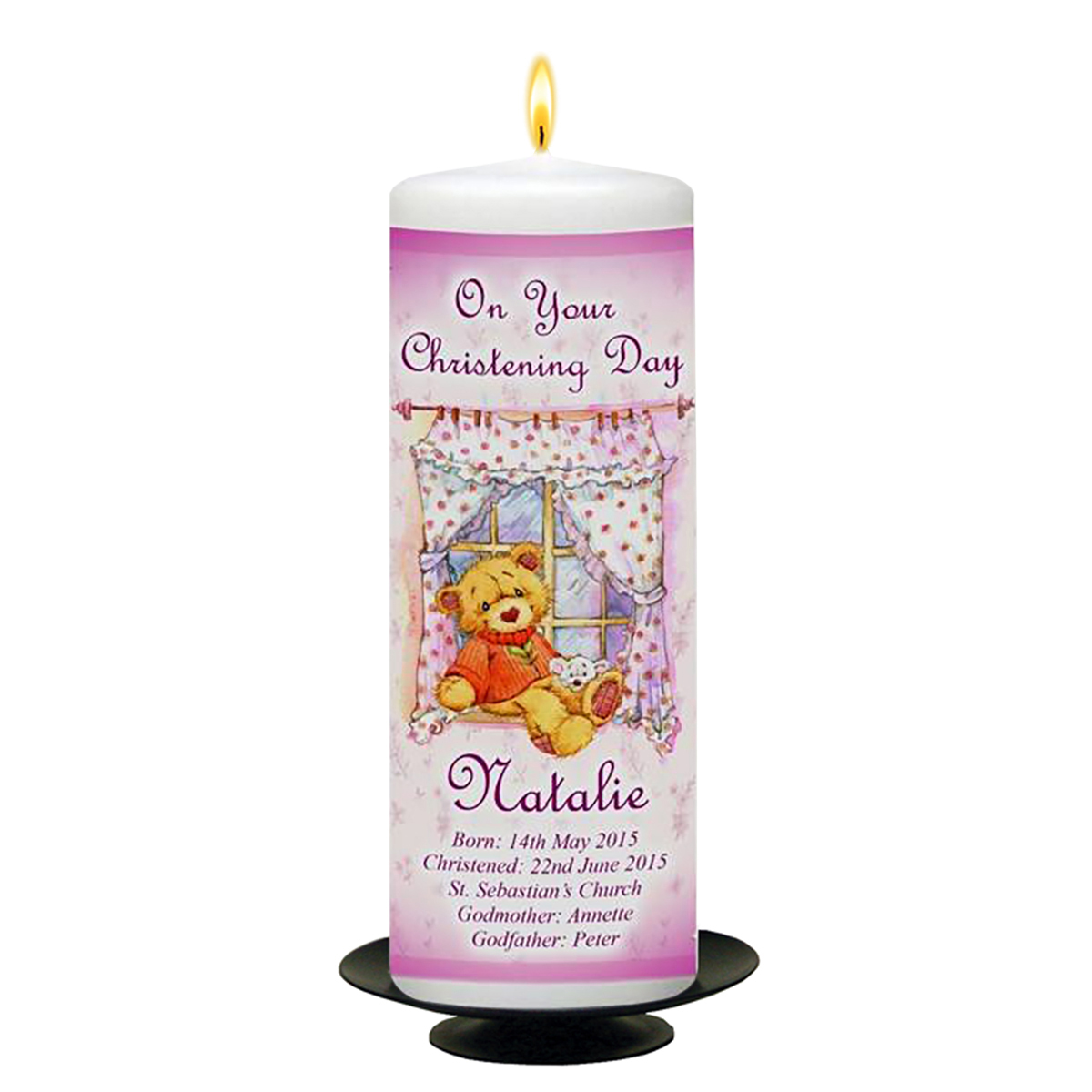 Personalised Girls Christening Candle - Teddy & Bench Pink
