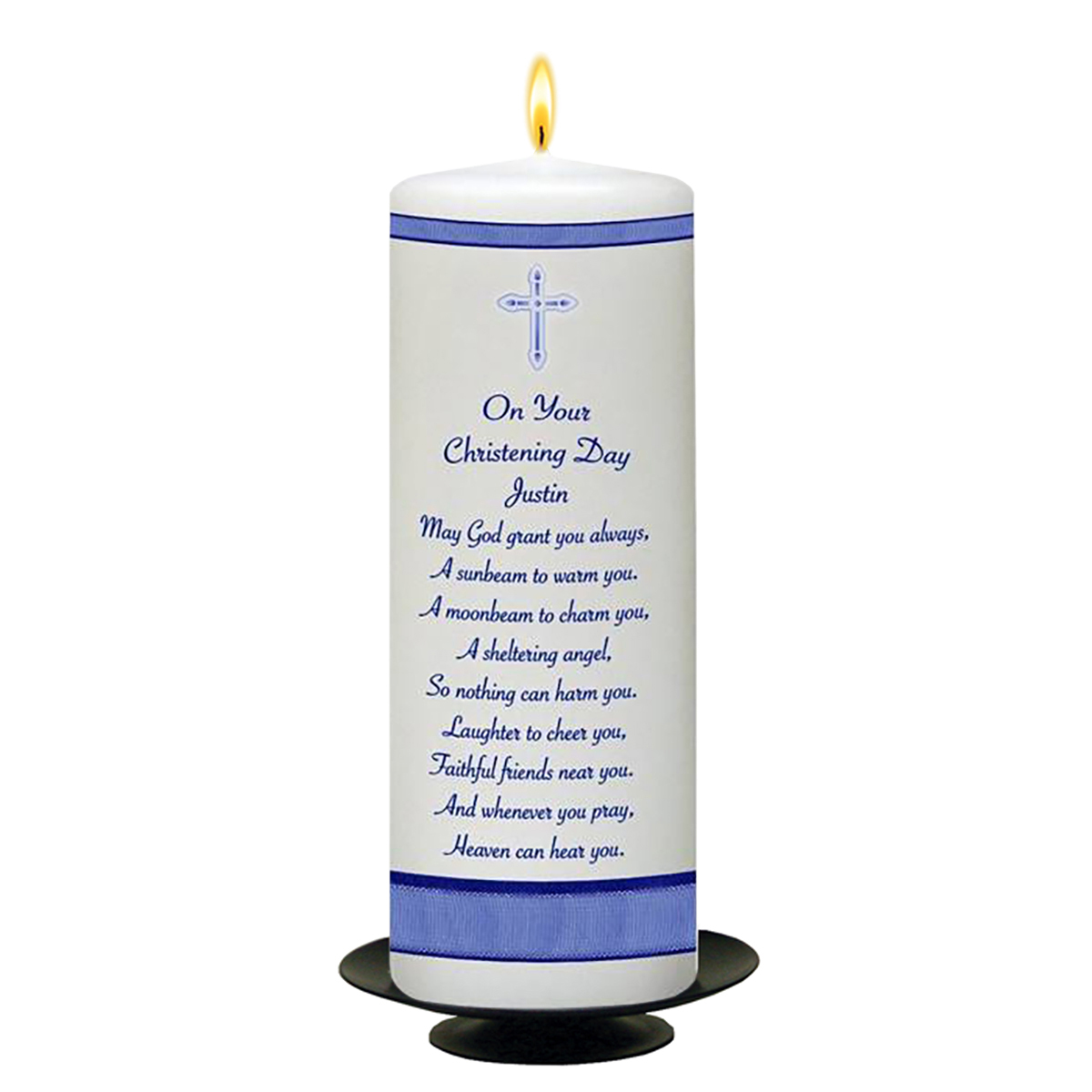 Personalised Boys Christening Candle - Diamante & Cross Blue