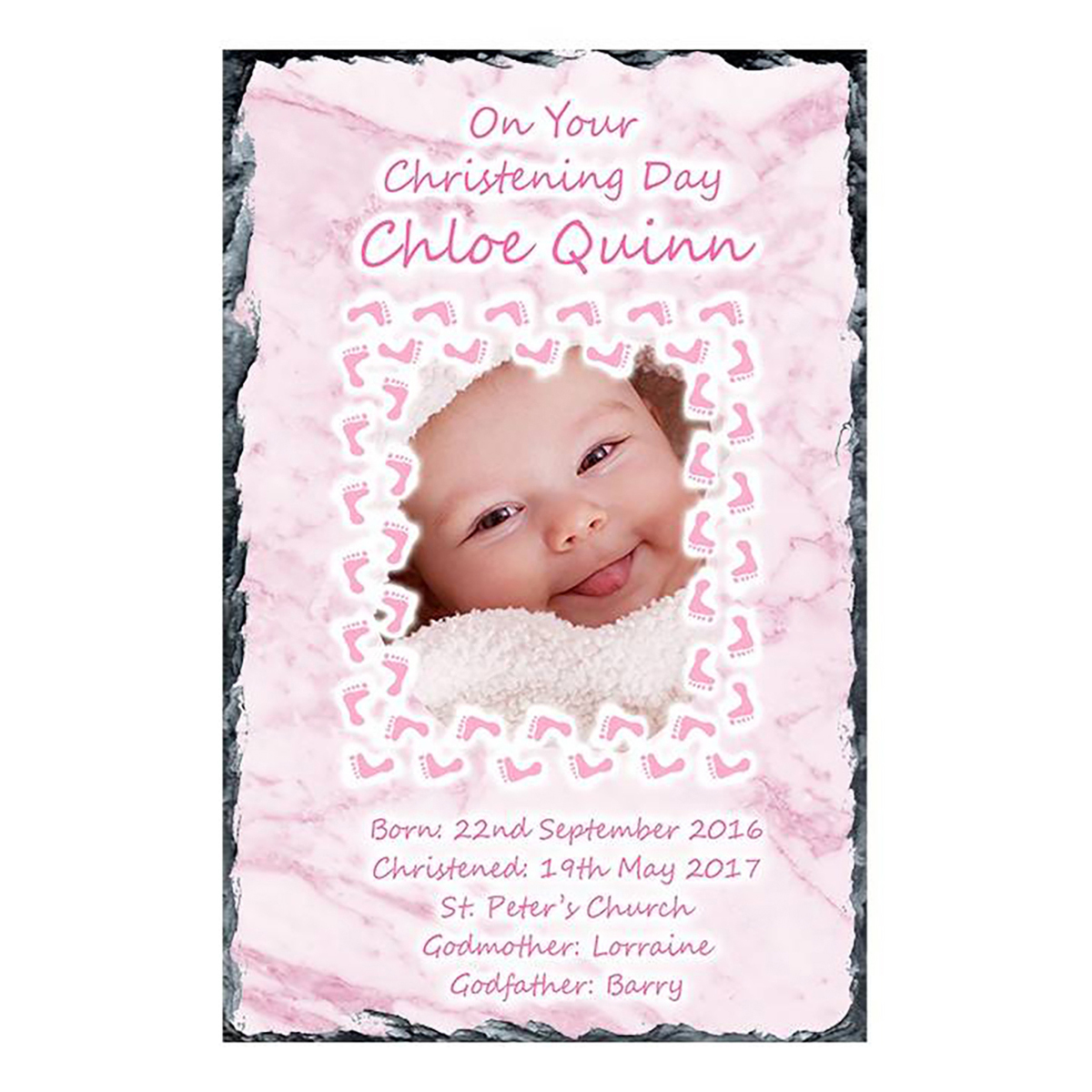 Personalised Girls Christening Candle - Feet Pink Border & Frame with Photo