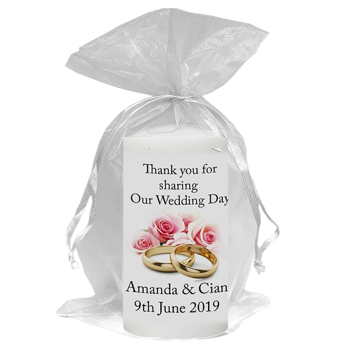 Personalised Wedding Candles - Gold Rings & Pink Roses