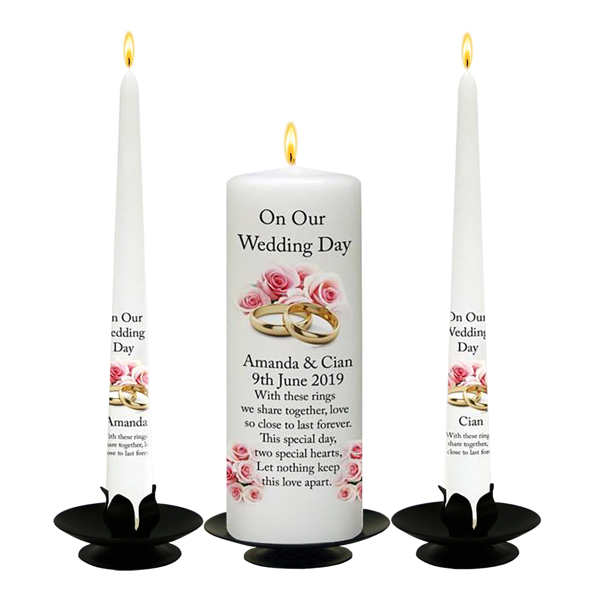 Personalised Wedding Candles - Gold Rings & Pink Roses