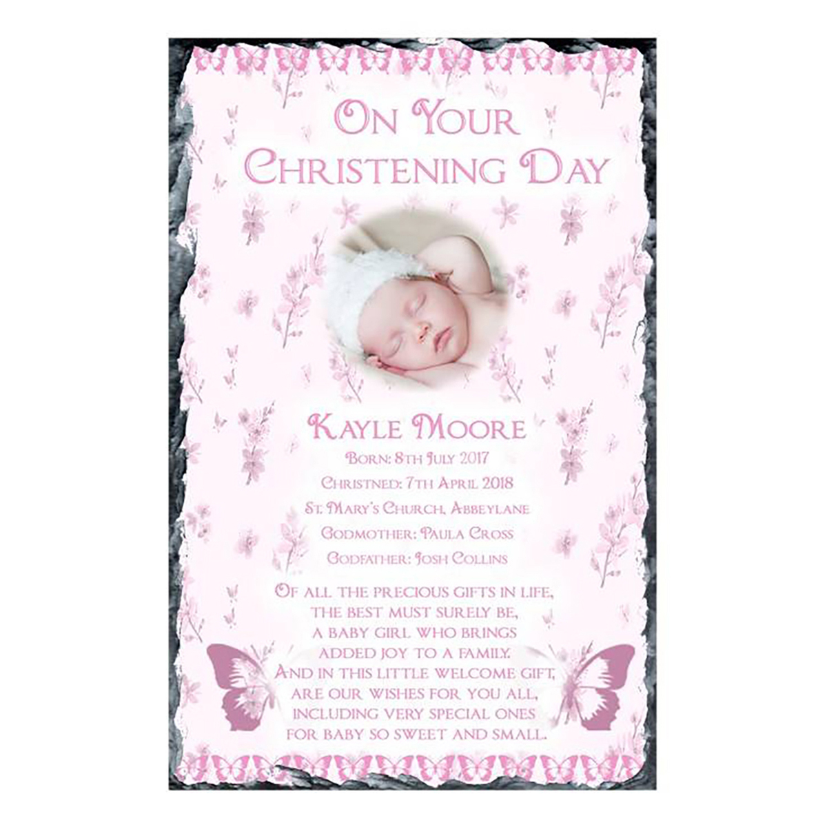 Personalised Girls Christening Candle - Butterfly & Feather Pink with Photo