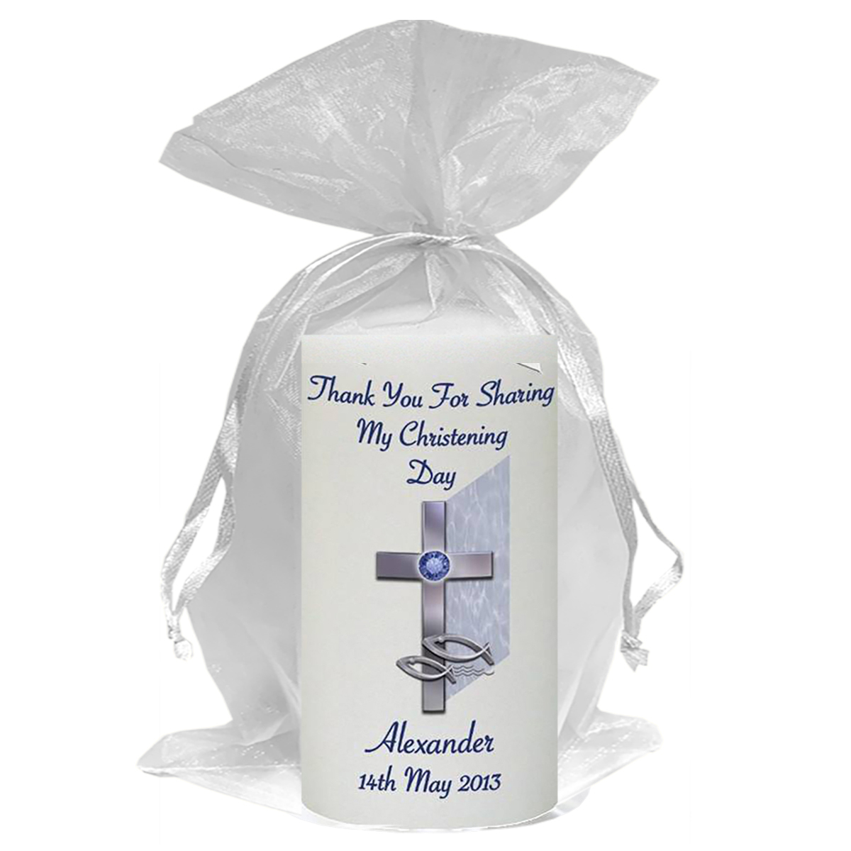 Personalised Boys Christening Candle - Cross & Fish Blue