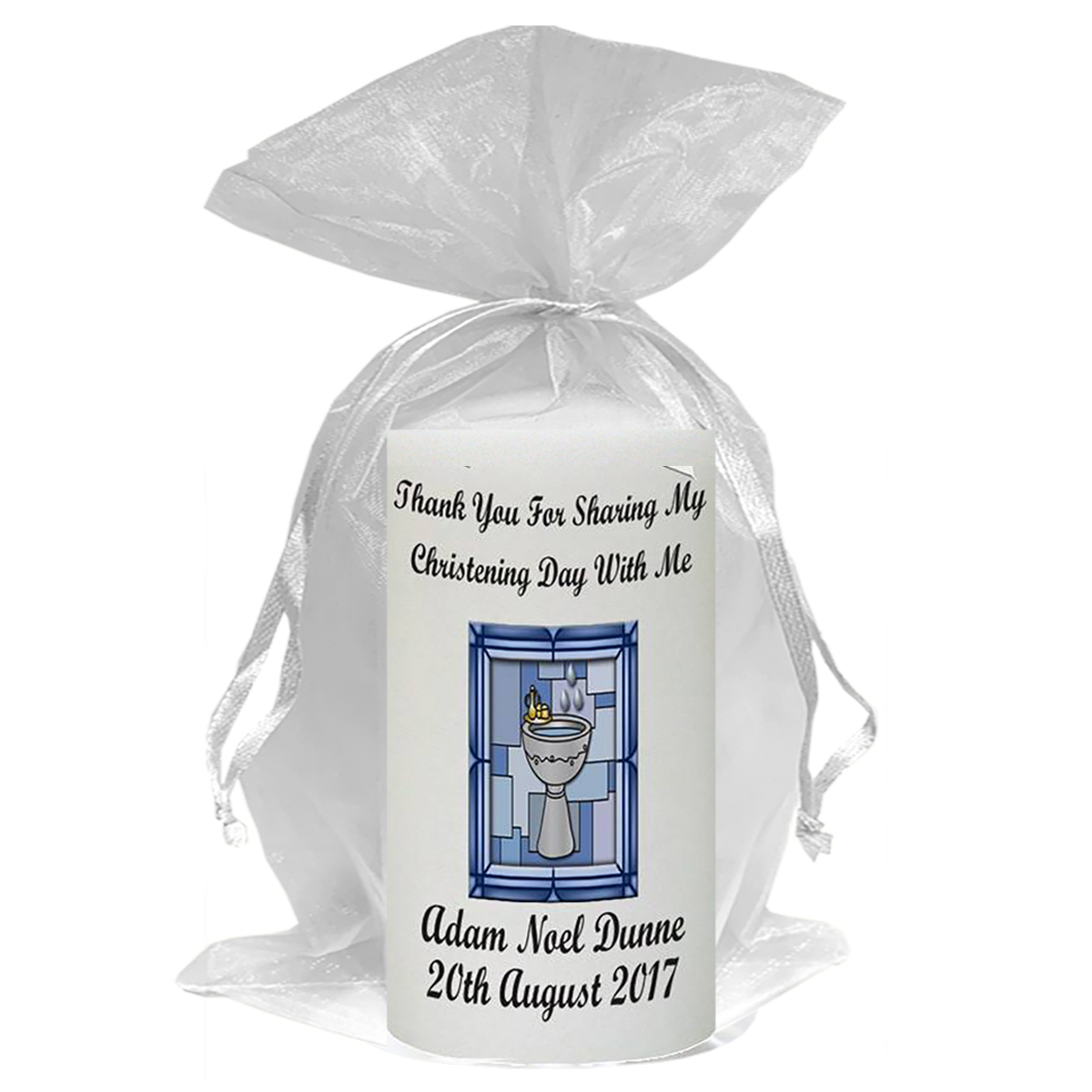 Personalised Boys Christening Candle - BCC Blue Cross Font & Dove