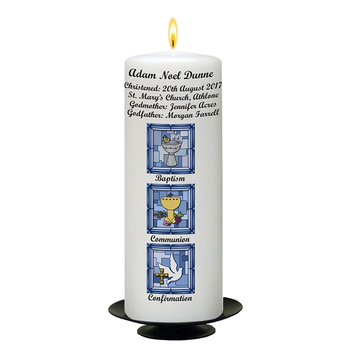 Personalised Boys Christening Candle - BCC Blue Cross Font & Dove