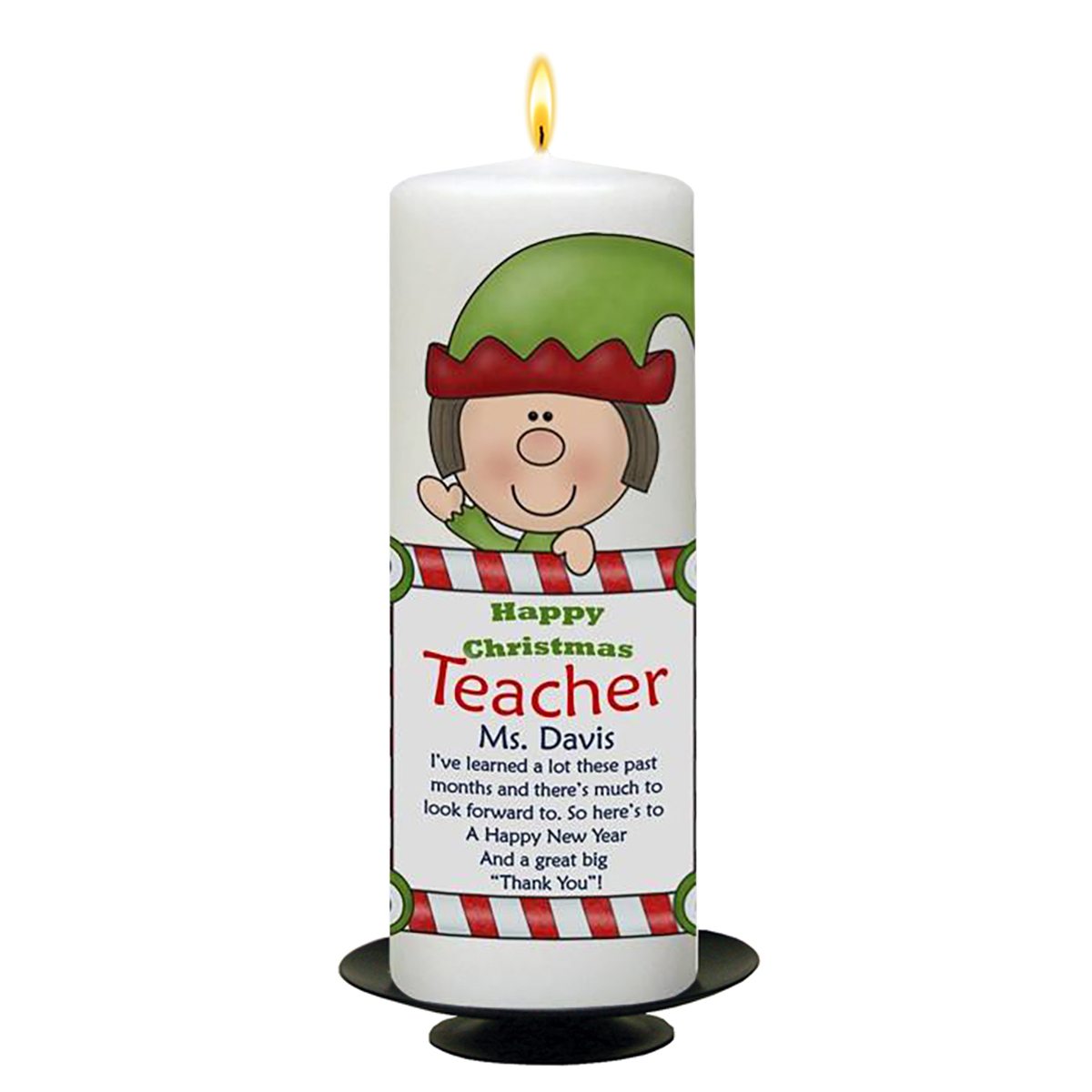 Personalised Christmas Teacher Candle Gift - Waving Elf