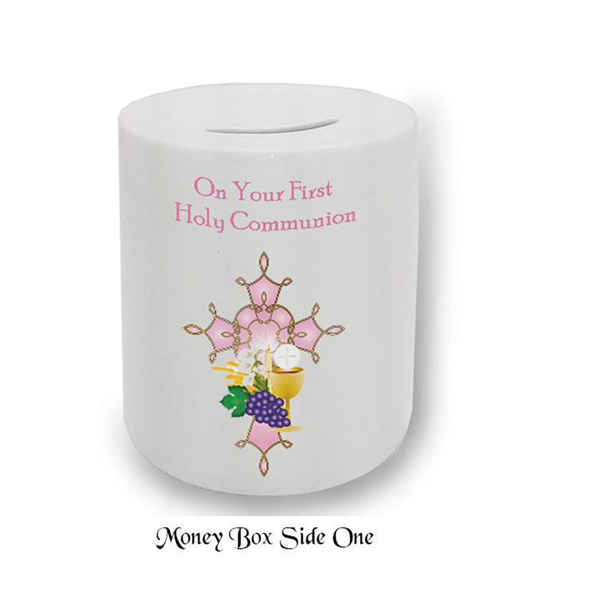 Personalised Money Box Gift - 1st Holy Communion - Holy Cross & Chalice Pink