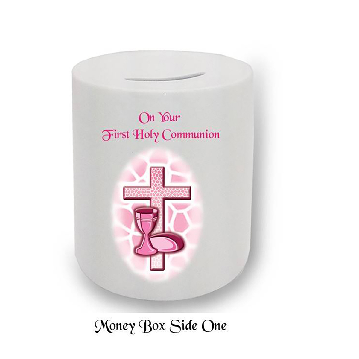 Personalised Money Box Gift - Cross & Chalice Pink