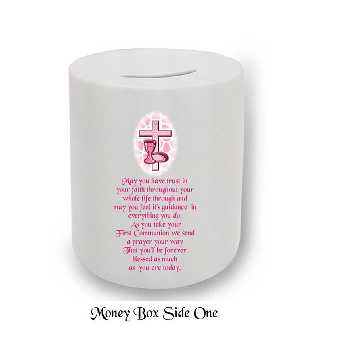 Personalised Money Box Gift - Cross & Chalice Pink